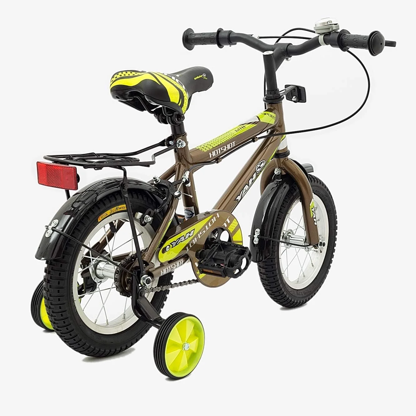 دوچرخه کودک، سایزهای ۱۲/۱۶ اینچ با چرخ های کمکی و سایز ۲۰ اینچ با پایه، صندلی قابل تنظیم، فریم فولادی، ترمز دستی، پوشش زنجیر، گلگیر و طوقه های آلیاژی