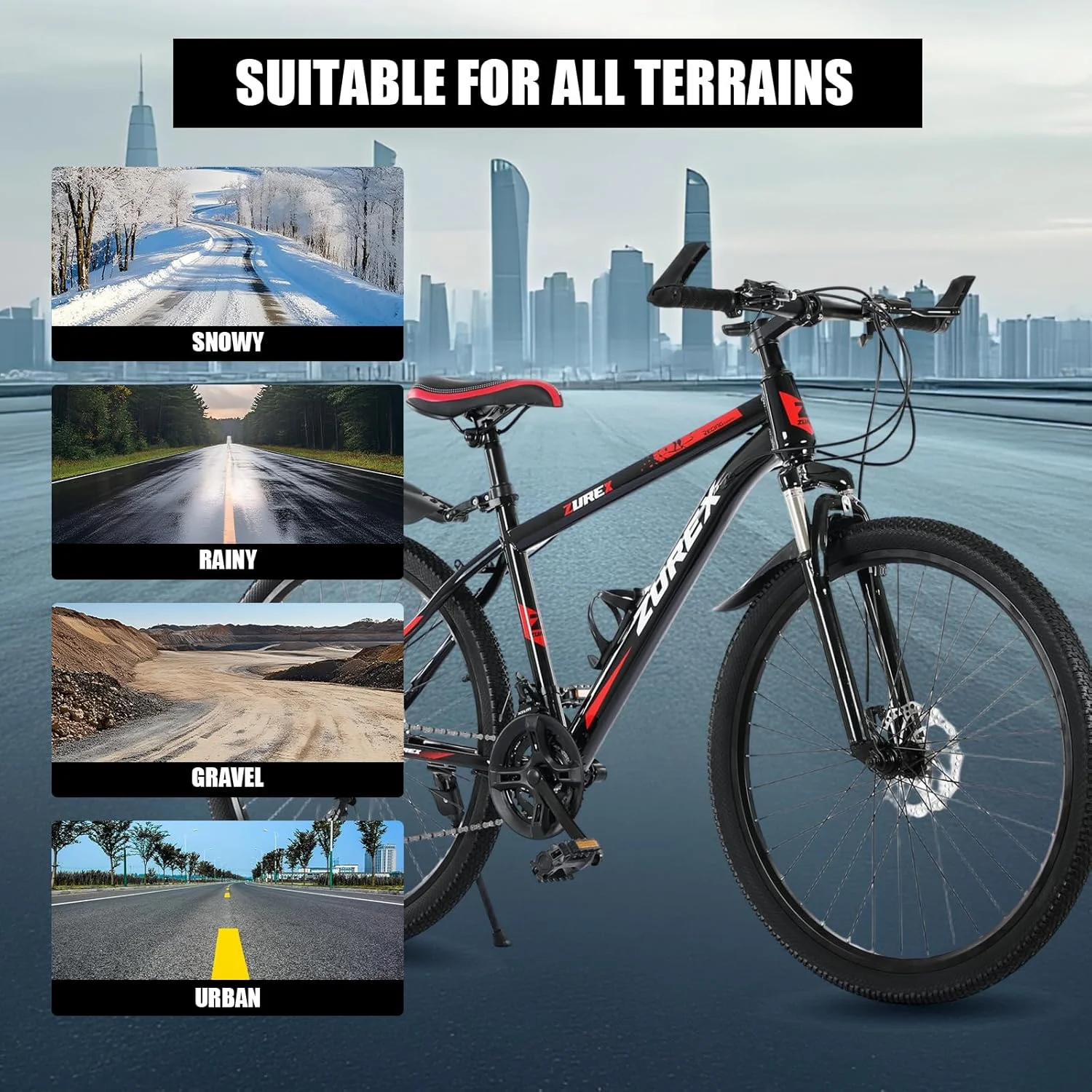 دوچرخه کوهستان برای بزرگسالان، MTB سایز 26 اینچ با 21 دنده، سیستم تعلیق جلو، ترمز دیسکی دوبل، فریم فولادی کربنی، صندلی قابل تنظیم