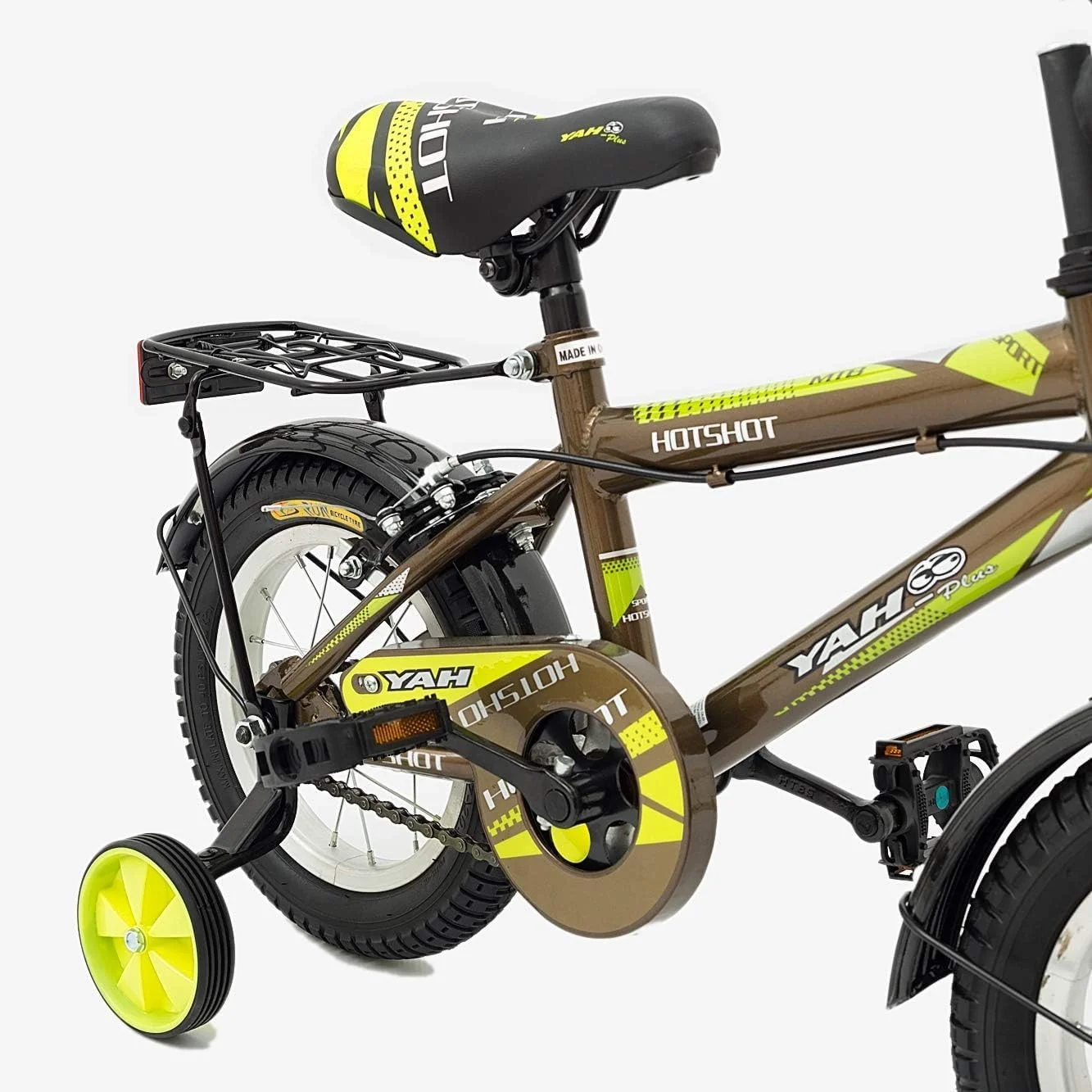 دوچرخه کودک، سایزهای ۱۲/۱۶ اینچ با چرخ های کمکی و سایز ۲۰ اینچ با پایه، صندلی قابل تنظیم، فریم فولادی، ترمز دستی، پوشش زنجیر، گلگیر و طوقه های آلیاژی