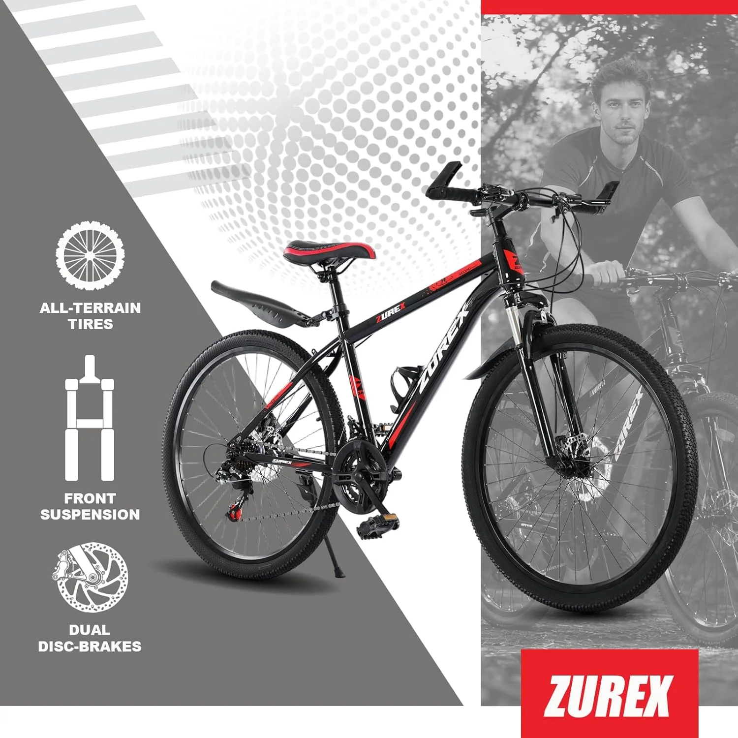 دوچرخه کوهستان برای بزرگسالان، MTB سایز 26 اینچ با 21 دنده، سیستم تعلیق جلو، ترمز دیسکی دوبل، فریم فولادی کربنی، صندلی قابل تنظیم