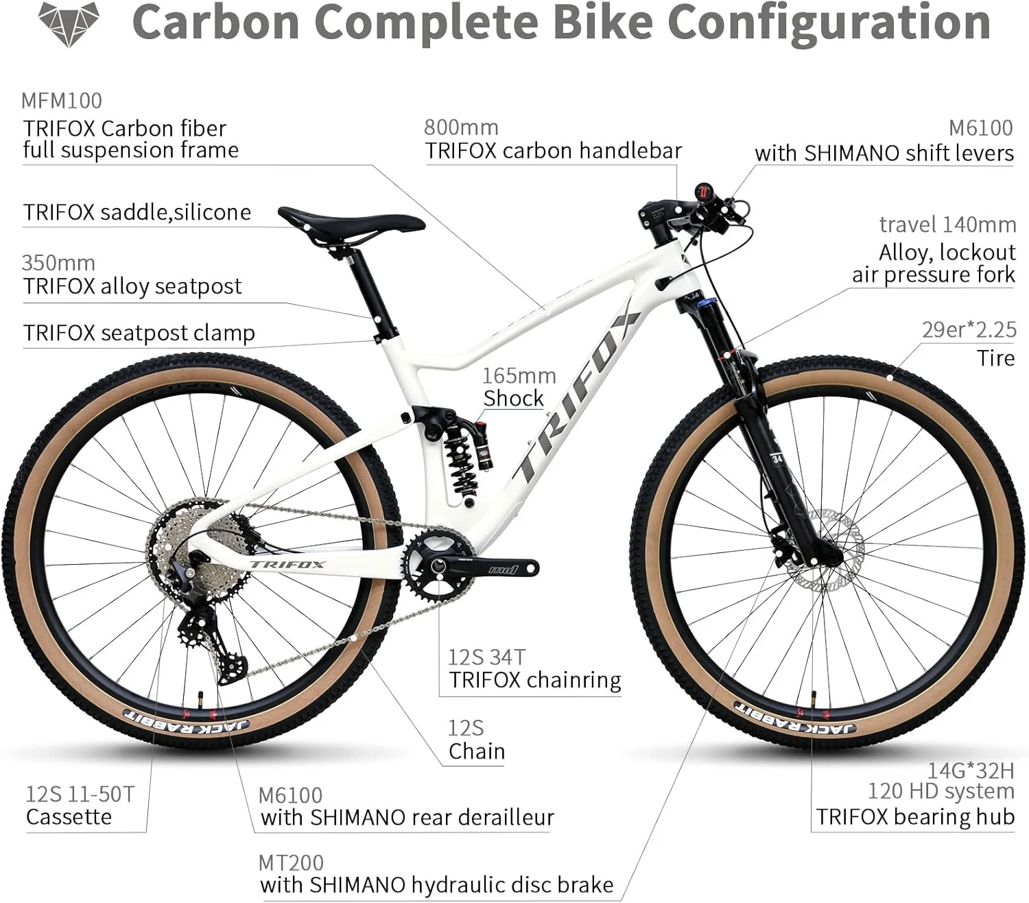 دوچرخه کوهستانی فیبر کربنی TRIFOX، 29 اینچی با سیستم تعلیق کامل و گروه قطعات Shimano M6100 Deore 12 سرعته، فریم کربنی T800 و فرمان یکپارچه، دوشاخ بادی فوق سبک با 140 میلی متر حرکت، کمک فنر عقب