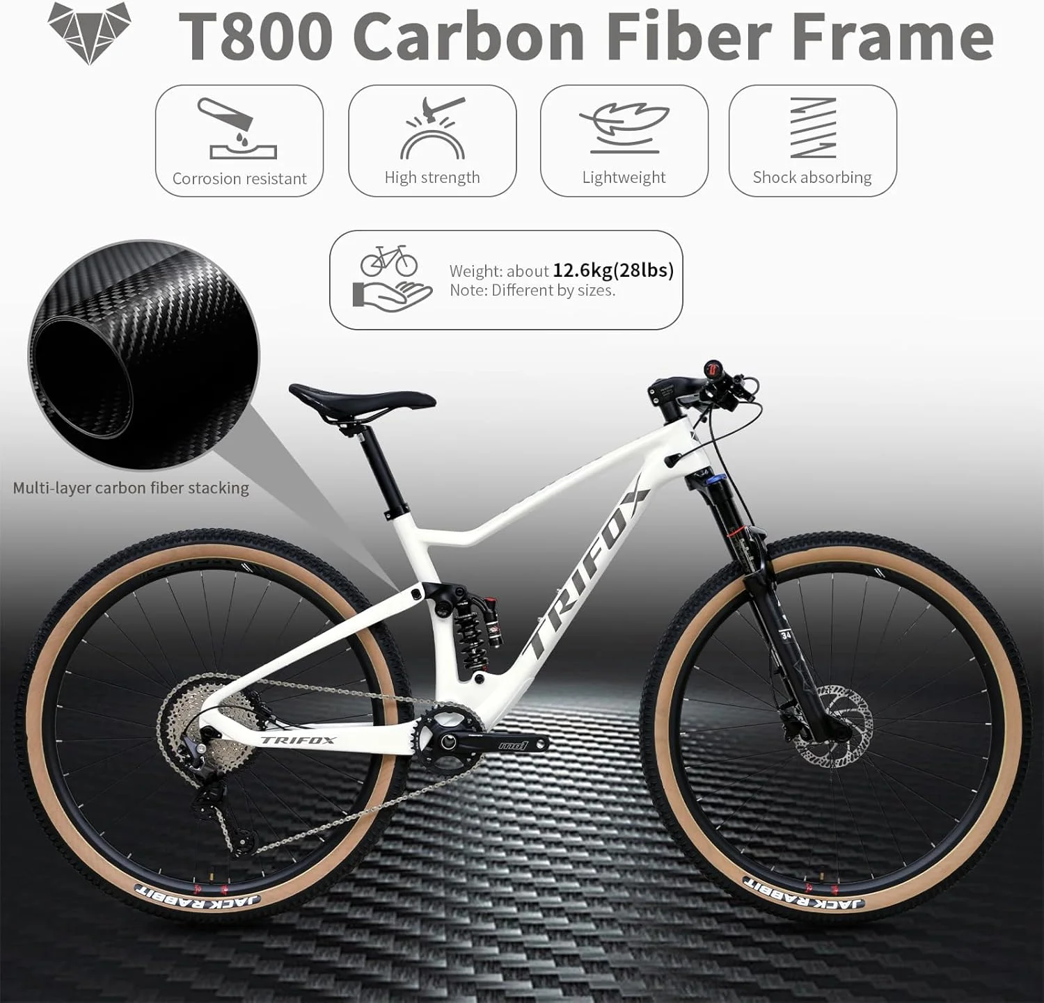 دوچرخه کوهستانی فیبر کربنی TRIFOX، 29 اینچی با سیستم تعلیق کامل و گروه قطعات Shimano M6100 Deore 12 سرعته، فریم کربنی T800 و فرمان یکپارچه، دوشاخ بادی فوق سبک با 140 میلی متر حرکت، کمک فنر عقب