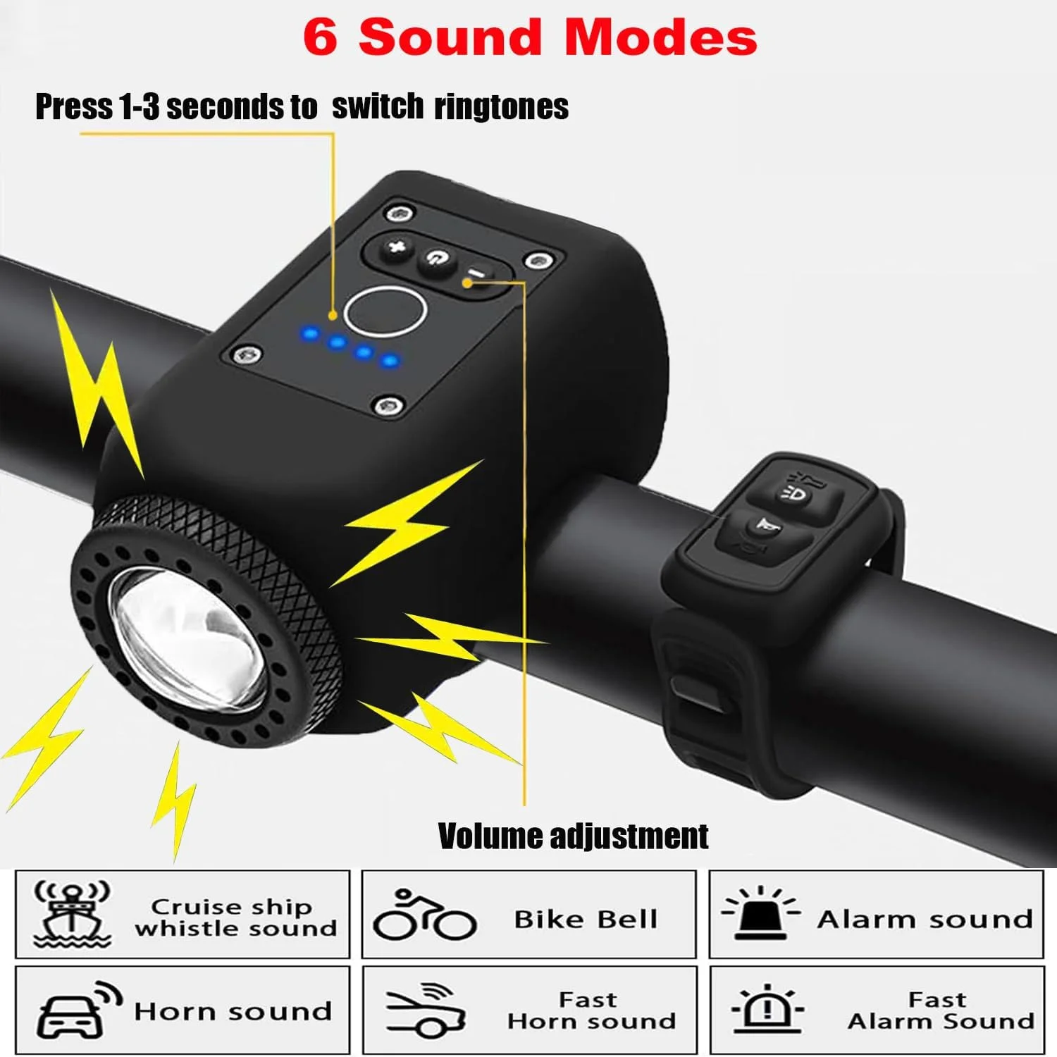 بوق الکتریکی دوچرخه با چراغ دوچرخه، بوق دوچرخه 110dB با 5 حالت صدا، چراغ دوچرخه ضد آب قابل شارژ با بوق برای کودکان و بزرگسالان، لوازم جانبی دوچرخه های جاده ای MTB