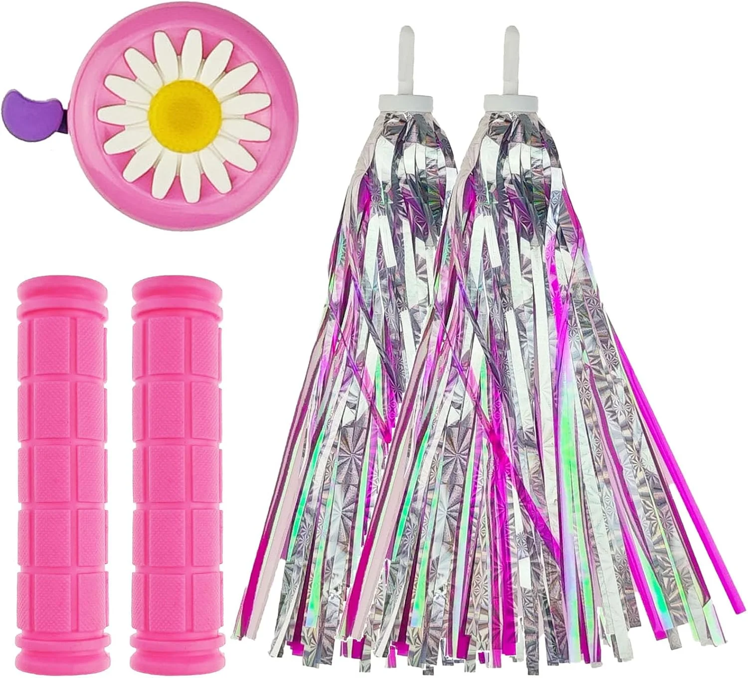 یک جفت تزیینات دسته دوچرخه و اسکوتر، یک عدد زنگ دوچرخه و یک جفت دستگیره دوچرخه (زنگ صورتی)