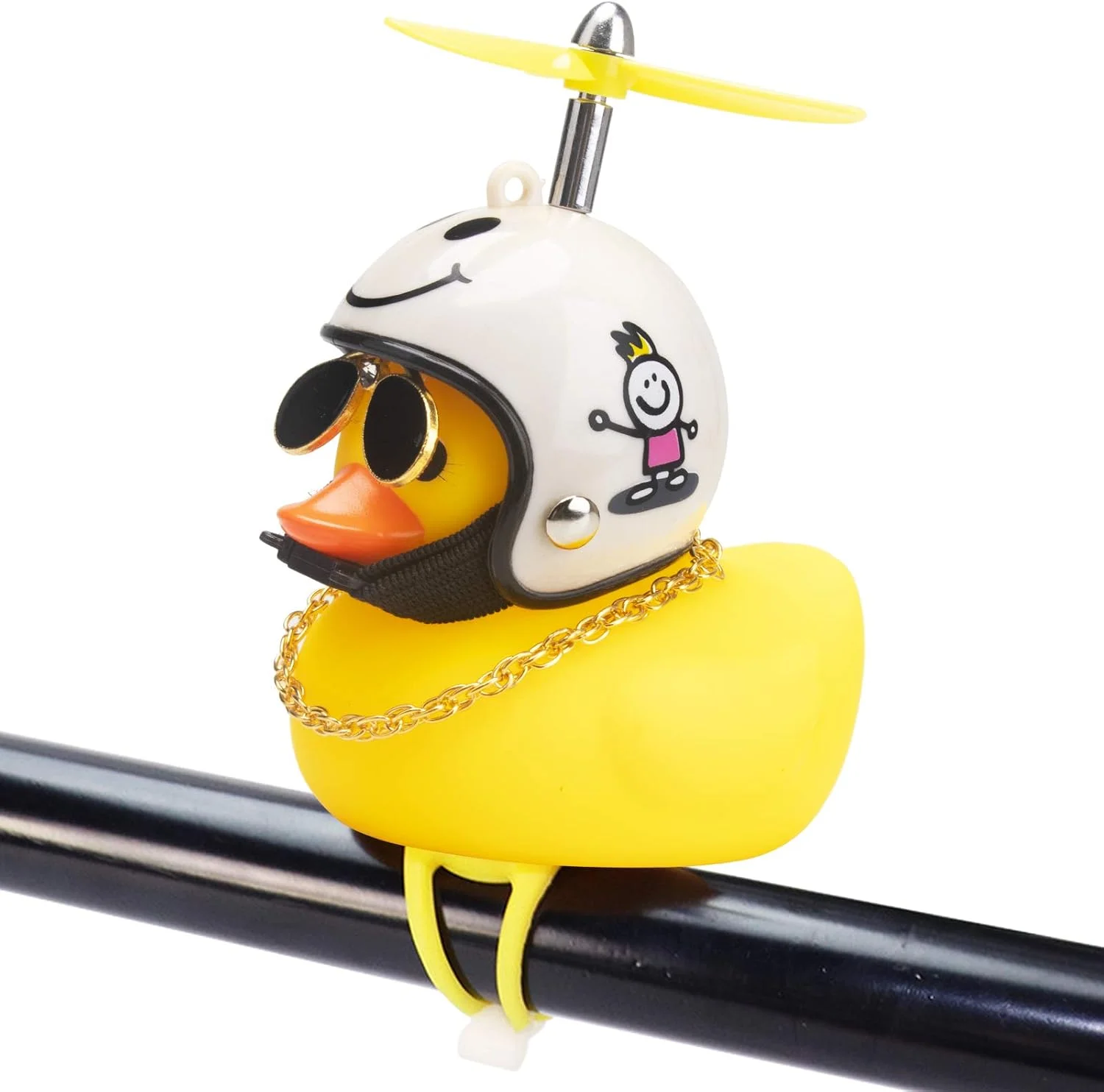 اردک لاستیکی تزئینی خودرو، اردک زرد تزئین داشبورد خودرو، بوق دوچرخه اردکی فشاری با کلاه ایمنی پروانه دار (سفید خندان-چراغ دار)