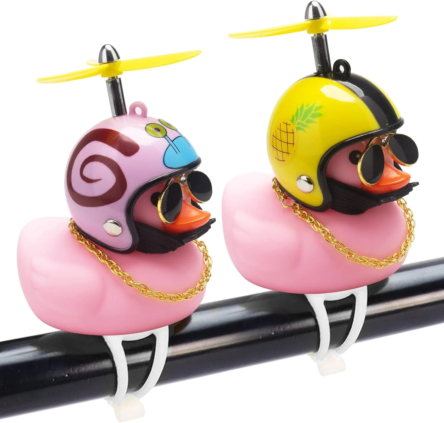 مجسمه اردک لاستیکی تزئینی خودرو Wonuu، 2 عدد اردک زرد رنگ برای داشبورد خودرو، بوق دوچرخه اردکی فشاری با کلاه ایمنی ملخ دار (حلزون صورتی و آناناس)