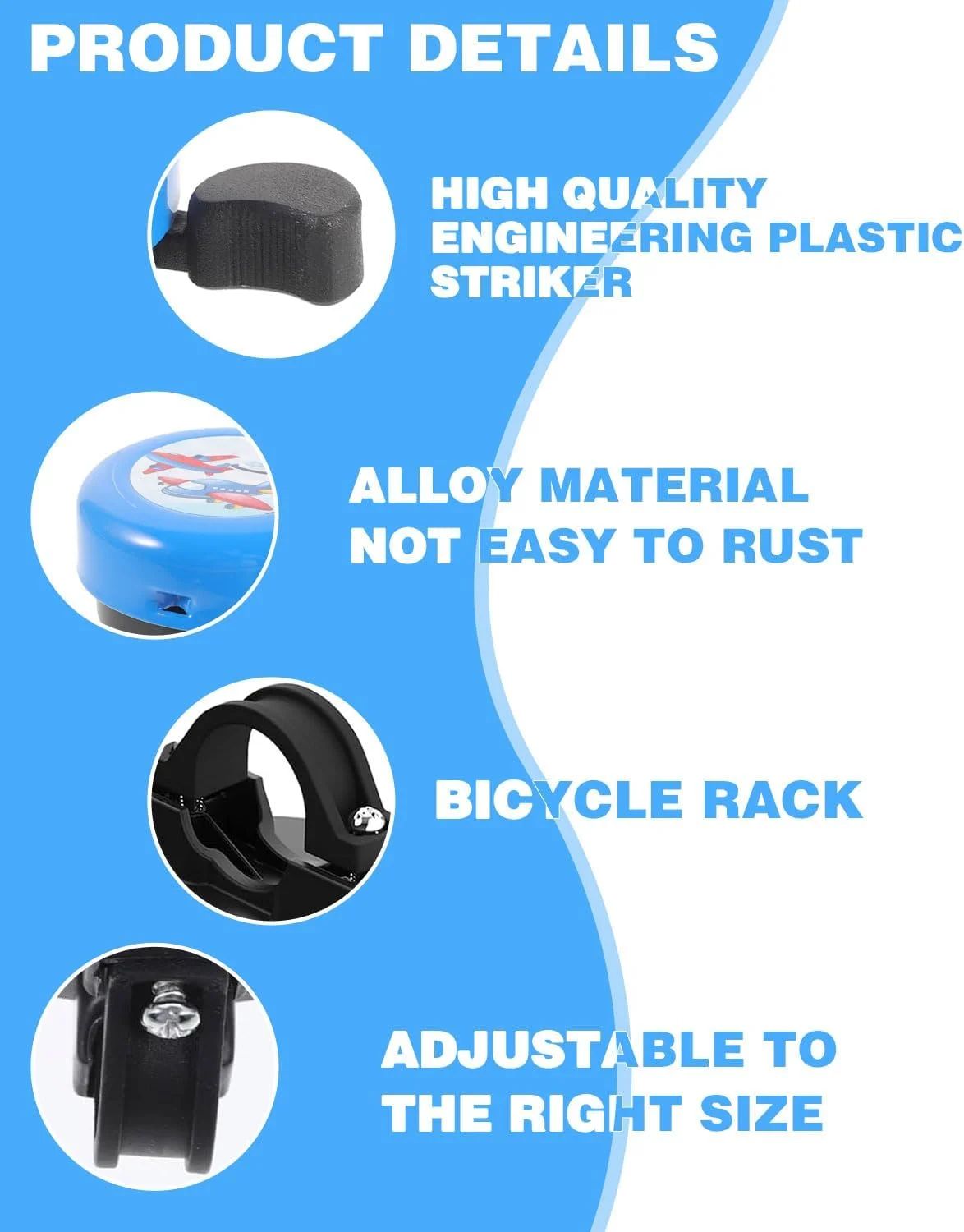 1 عدد زنگ دوچرخه کودکانه، زنگ کوچک دوچرخه آلومینیومی قوی، لوازم جانبی کوهستانی برای دوچرخه، دوچرخه کودکان، اسکوتر (هواپیمای کارتونی آبی)