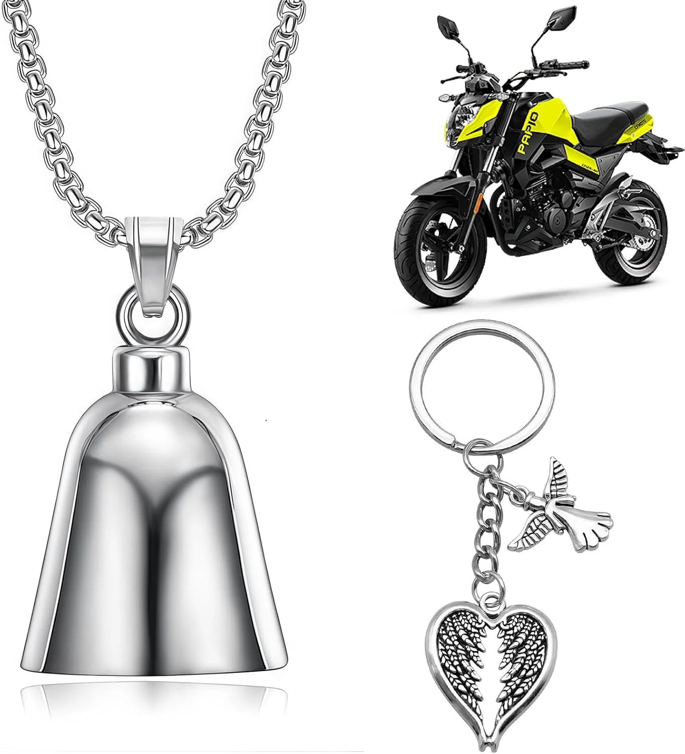 زنگ محافظ موتور سیکلت، زنگ فرشته نگهبان آلیاژ روی، هدیه زنگ خوش شانسی موتورسوار، لوازم جانبی زنگ خوش شانسی موتور سیکلت، آویز سواری با جاکلیدی زنجیر برای مرد همسر موتورسوار، نقره ای