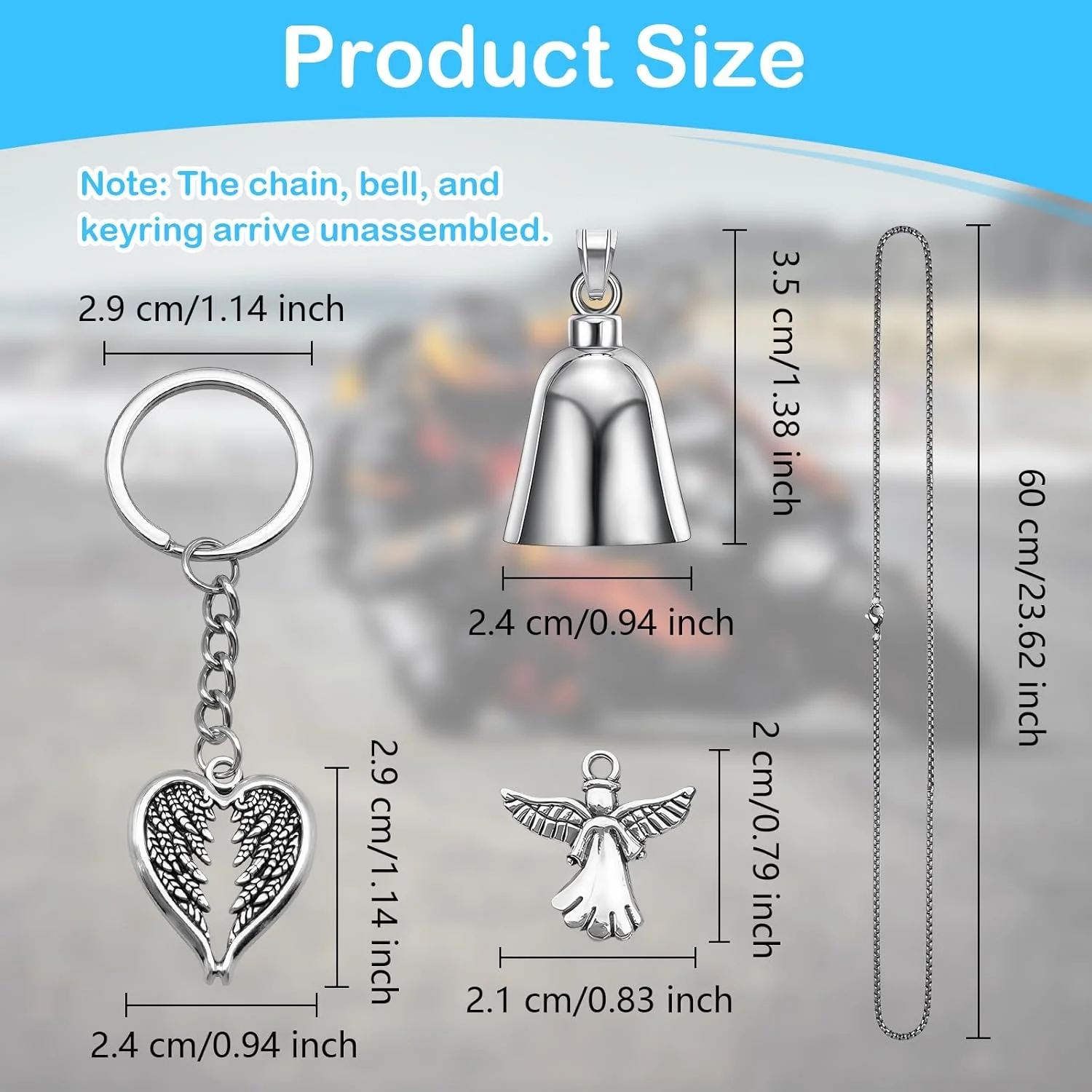 زنگ محافظ موتور سیکلت، زنگ فرشته نگهبان آلیاژ روی، هدیه زنگ خوش شانسی موتورسوار، لوازم جانبی زنگ خوش شانسی موتور سیکلت، آویز سواری با جاکلیدی زنجیر برای مرد همسر موتورسوار، نقره ای