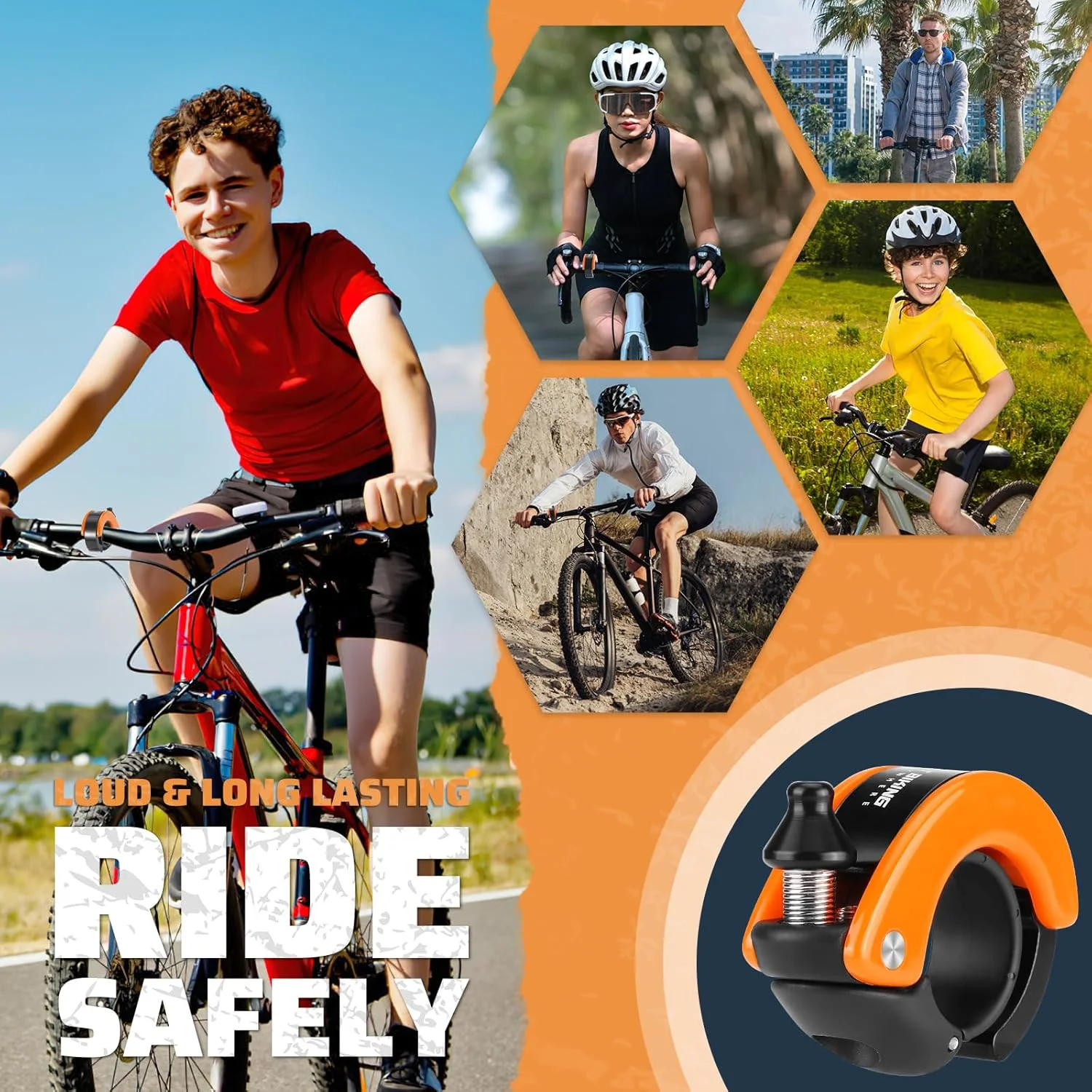زنگ دوچرخه کوچک 100dB - زنگ دوچرخه کوهستانی برای بزرگسالان با صدای بلند و واضح - زنگ دوچرخه بچه گانه برای دسته دوچرخه 22.2 میلی متری - زنگ دوچرخه برای دوچرخه های کوهستانی و اسکوتر برقی (نارنجی)