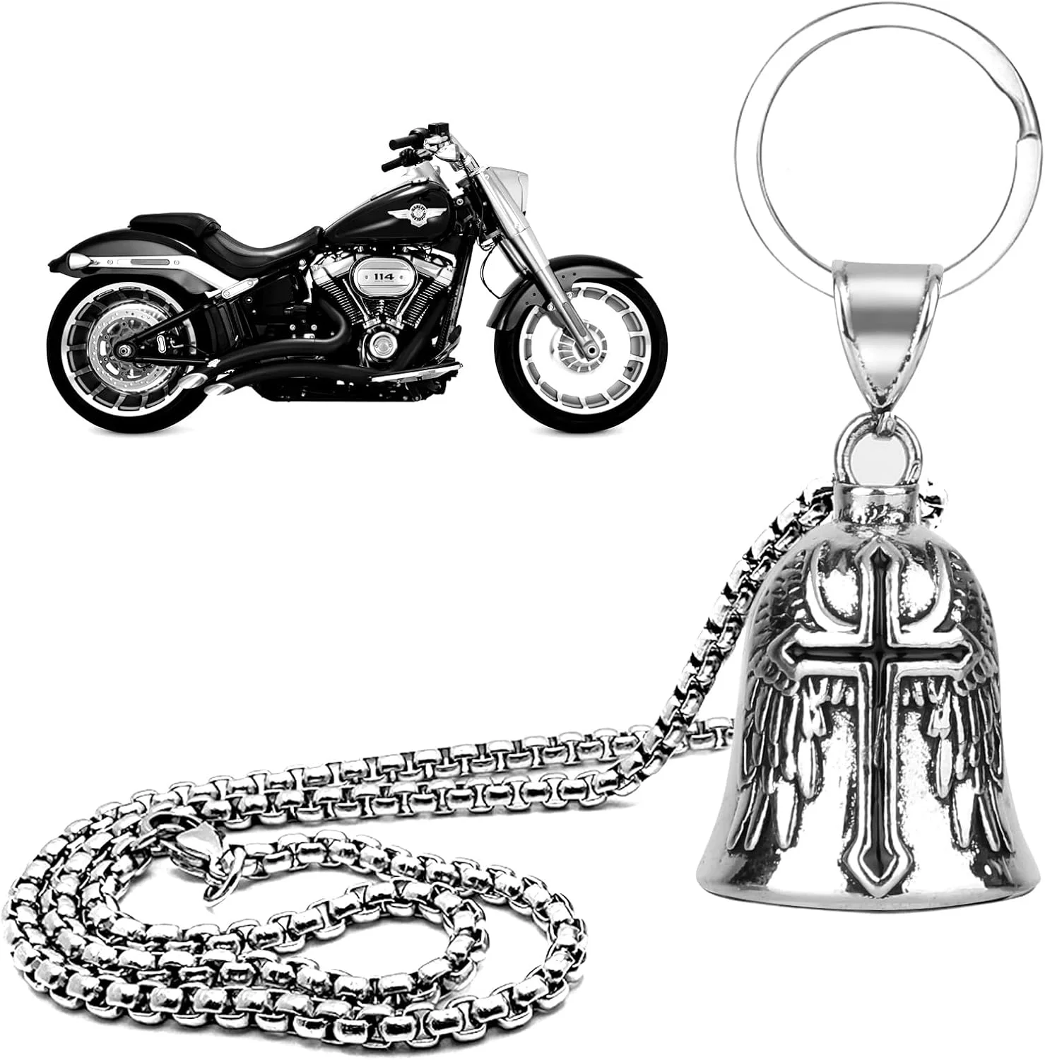 زنگ دوچرخه سواری قابل حمل، مجموعه زنگ محافظ دوچرخه سواری، زنگ خوش شانسی موتور سیکلت آلیاژ فلزی با زنجیر، زنگ محافظ موتور سیکلت بادوام برای فضای باز، لوازم جانبی موتور سیکلت هدیه برای مرد