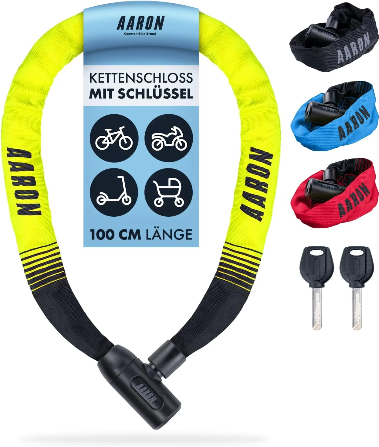 قفل دوچرخه AARON Lock One با کلید، قفل زنجیری فولادی با سطح ایمنی بالا، قفل برای دوچرخه برقی، دوچرخه کوهستانی، دوچرخه ترکینگ، دوچرخه توریستی، دوچرخه جاده ای به رنگ زرد