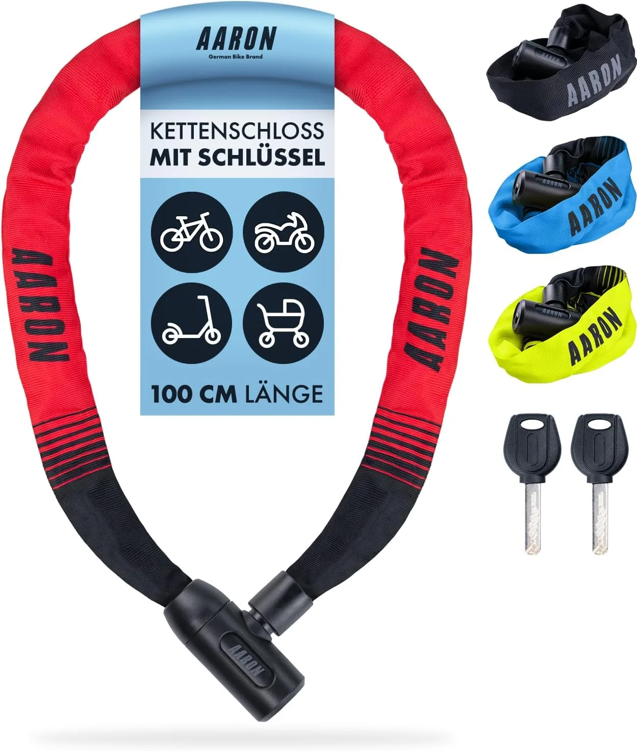 قفل دوچرخه AARON مدل Lock One با کلید، قفل زنجیری فولادی با سطح ایمنی بالا، قفل برای دوچرخه برقی، دوچرخه کوهستانی، دوچرخه ترکینگ، دوچرخه توریستی، دوچرخه جاده ای به رنگ قرمز