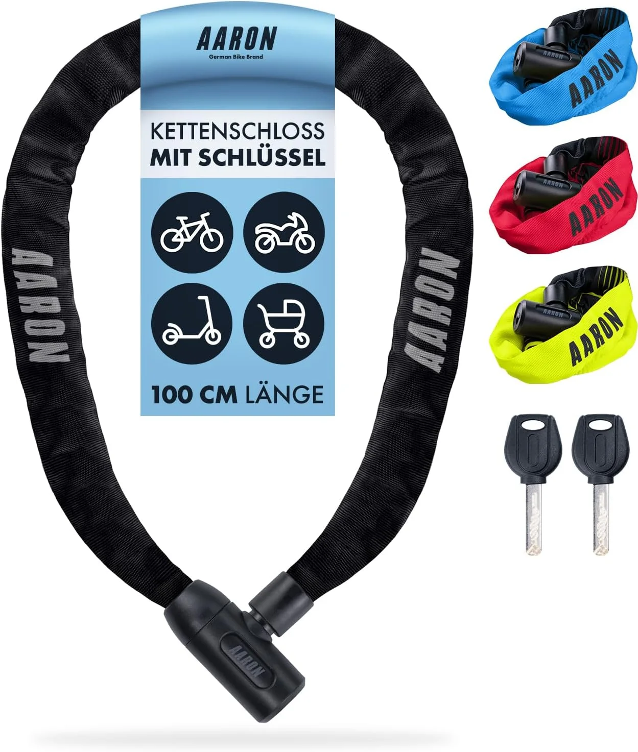 قفل دوچرخه AARON Lock One با کلید، قفل زنجیری فولادی با سطح امنیت بالا، قفل برای دوچرخه برقی، دوچرخه کوهستانی، دوچرخه ترکینگ، دوچرخه توریستی، دوچرخه جاده ای به رنگ مشکی