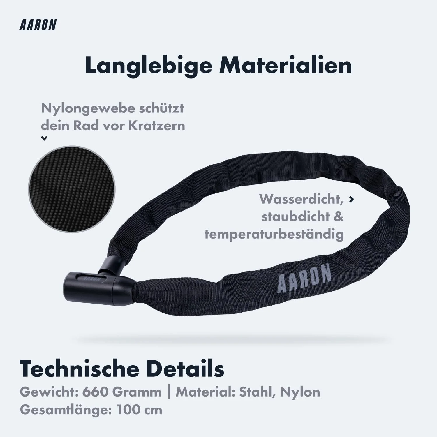 قفل دوچرخه AARON Lock One با کلید، قفل زنجیری فولادی با سطح امنیت بالا، قفل برای دوچرخه برقی، دوچرخه کوهستانی، دوچرخه ترکینگ، دوچرخه توریستی، دوچرخه جاده ای به رنگ مشکی قفل دوچرخه AARON Lock One با کلید، قفل زنجیری فولادی با سطح امنیت بالا، قفل برای دوچرخه برقی، دوچرخه کوهستانی، دوچرخه ترکینگ، دوچرخه توریستی، دوچرخه جاده ای به رنگ مشکی