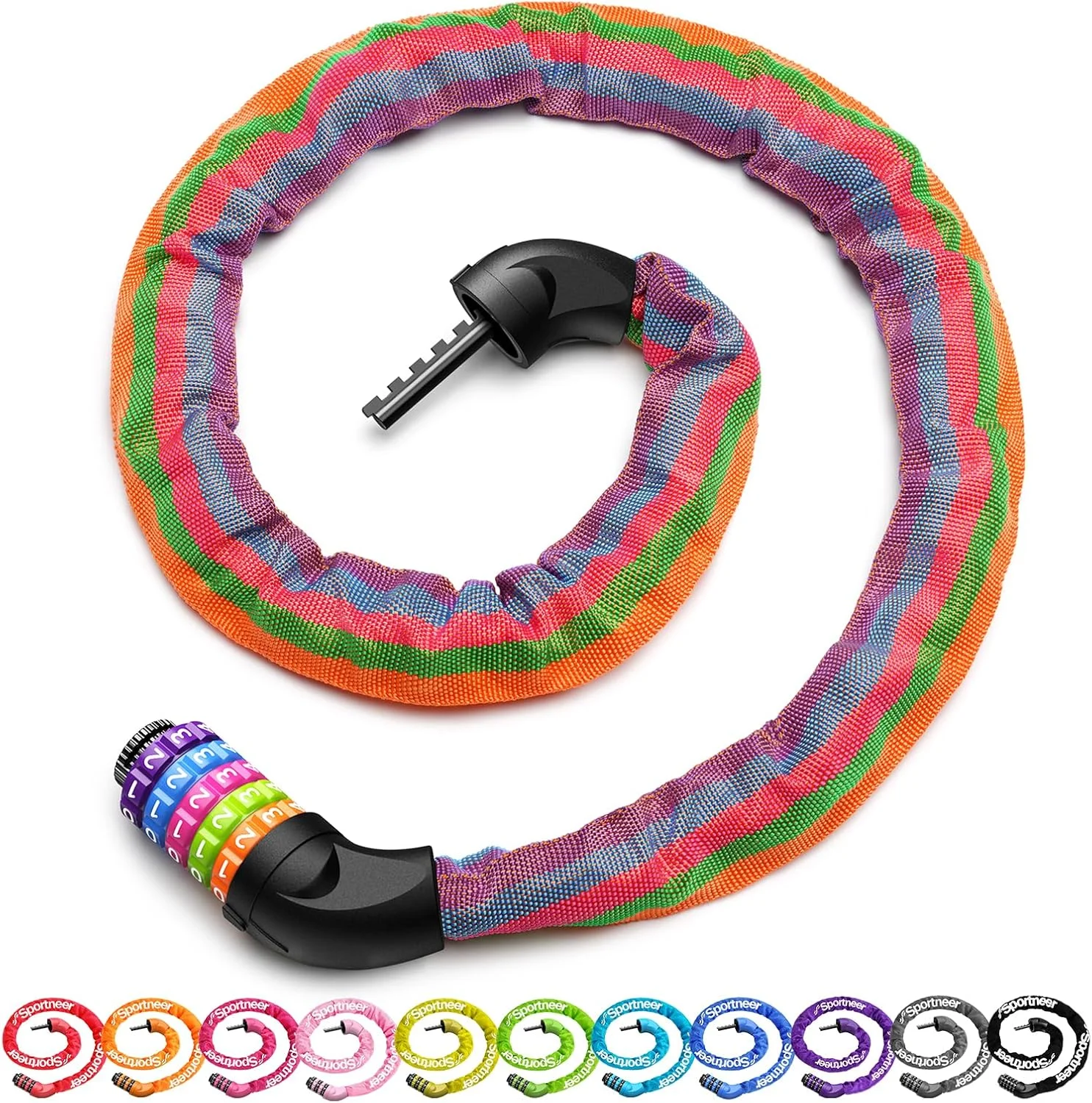 قفل زنجیری دوچرخه Sportneer، قفل ضد سرقت دوچرخه با رمز 5 رقمی قابل تنظیم (97 سانتی متر، چند رنگ)