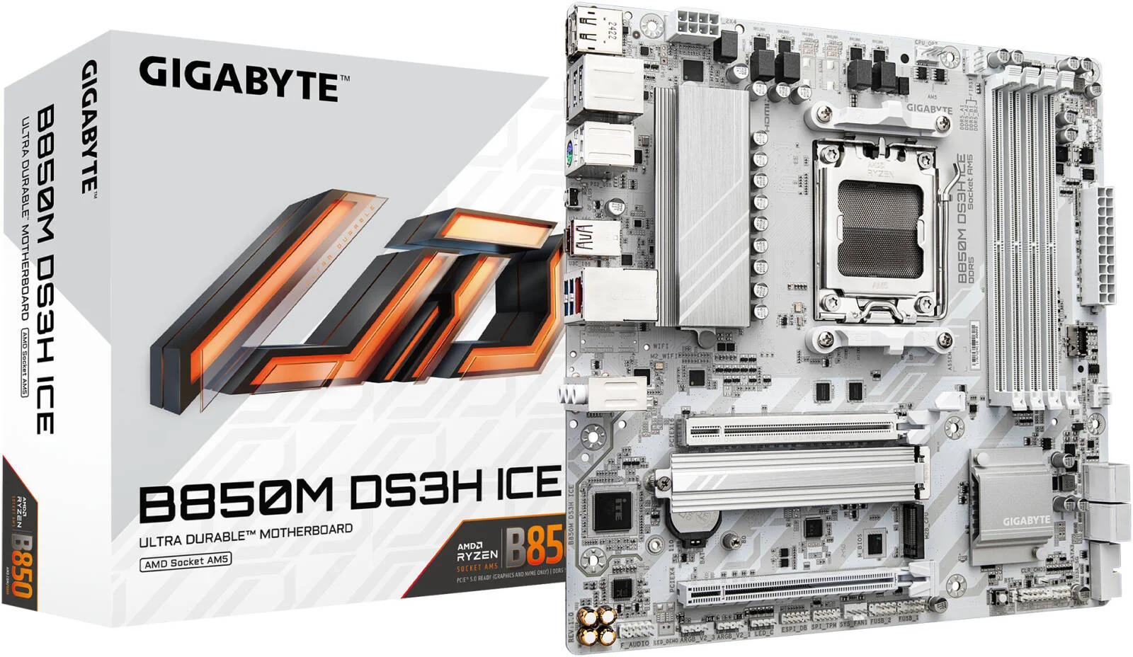 مادربرد GIGABYTE B850M DS3H ICE AM5 M-ATX، چیپست AMD B850، 4 اسلات DDR5 DIMM، حداکثر حافظه 256 گیگابایت، 1 اسلات PCIe 5.0 x16، 2 اسلات M.2، سفید | B850M-DS3H-ICE
