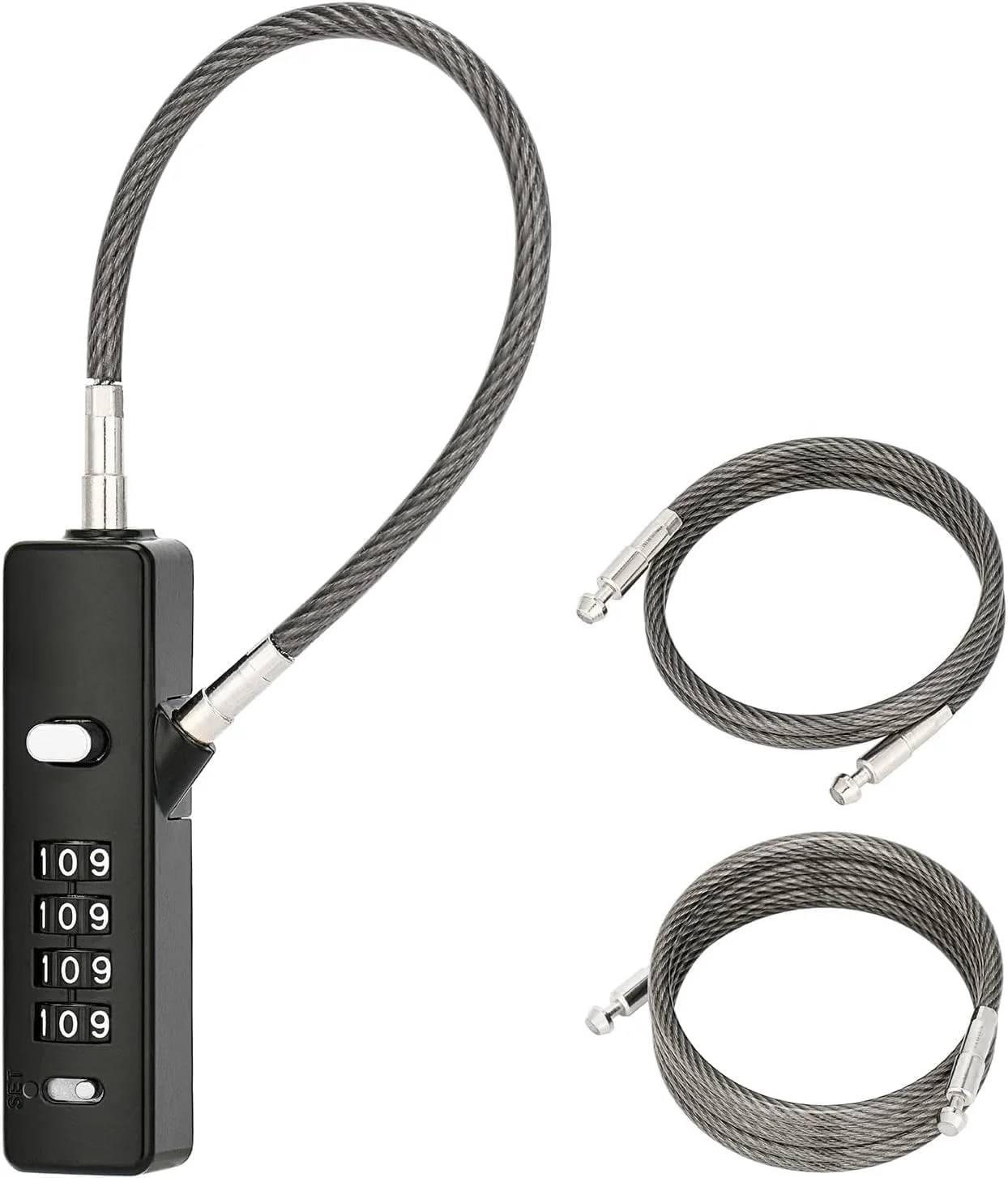 قفل کابلی NALACAL با رمز عبور، طناب کابلی فولادی قفل رمزدار 4 رقمی با 3 کابل برای دوچرخه، کمدهای قفل دار، کابینت های پرونده، کمد لباس، حصارهای کوچک و درب یخچال (مشکی)