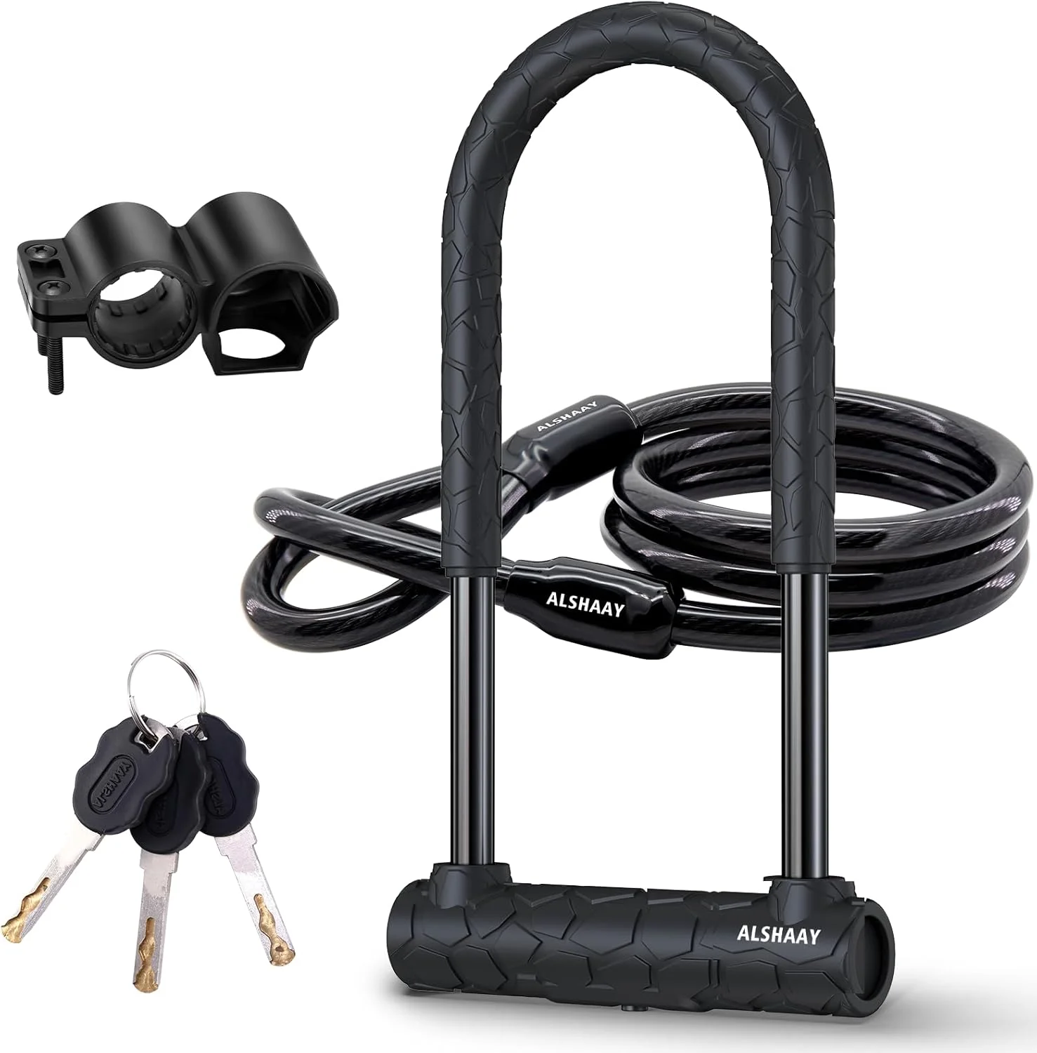 قفل U شکل دوچرخه فوق العاده قوی - مقاوم در برابر برش 12 تن، قفل U شکل 20 میلی متری ضد سرقت با روکش سیلیکونی، سوراخ کلید با پوشش کشویی، کابل فولادی 4 فوتی با براکت نصب و 3 کلید (بلند)