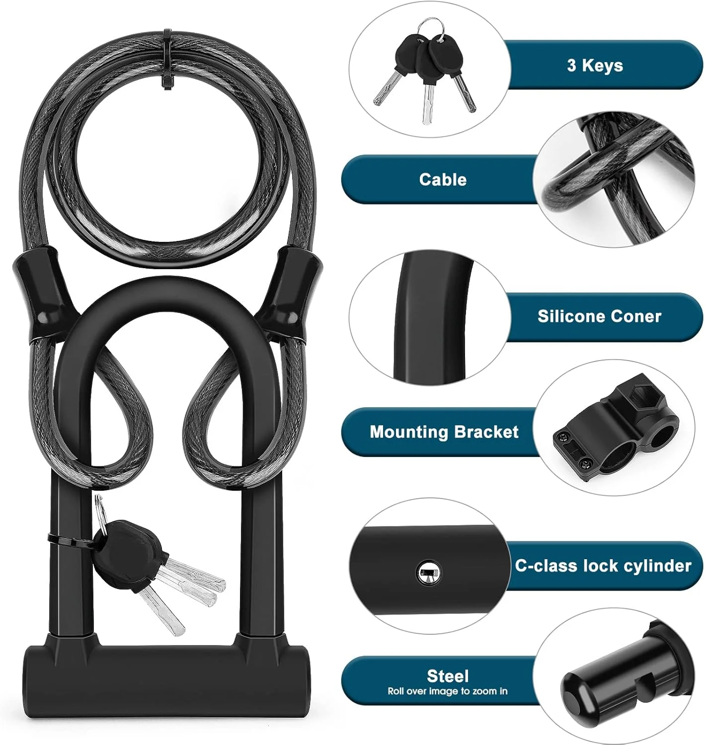 قفل U دوچرخه، قفل سنگین با 3 کلید، کابل فولادی انعطاف پذیر 1.2 متری و براکت نصب قفل U دوچرخه، قفل سنگین با 3 کلید، کابل فولادی انعطاف پذیر 1.2 متری و براکت نصب