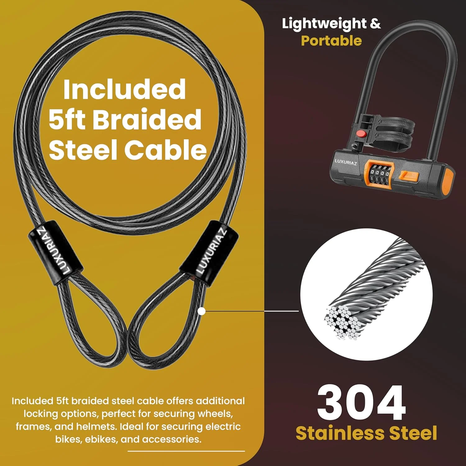 قفل U شکل دوچرخه سنگین با کابل فولادی 1.5 متری - قفل ضد سرقت دوچرخه با رمز 4 رقمی قابل تنظیم، ایمن برای دوچرخه های برقی، اسکوترها و موتورسیکلت ها