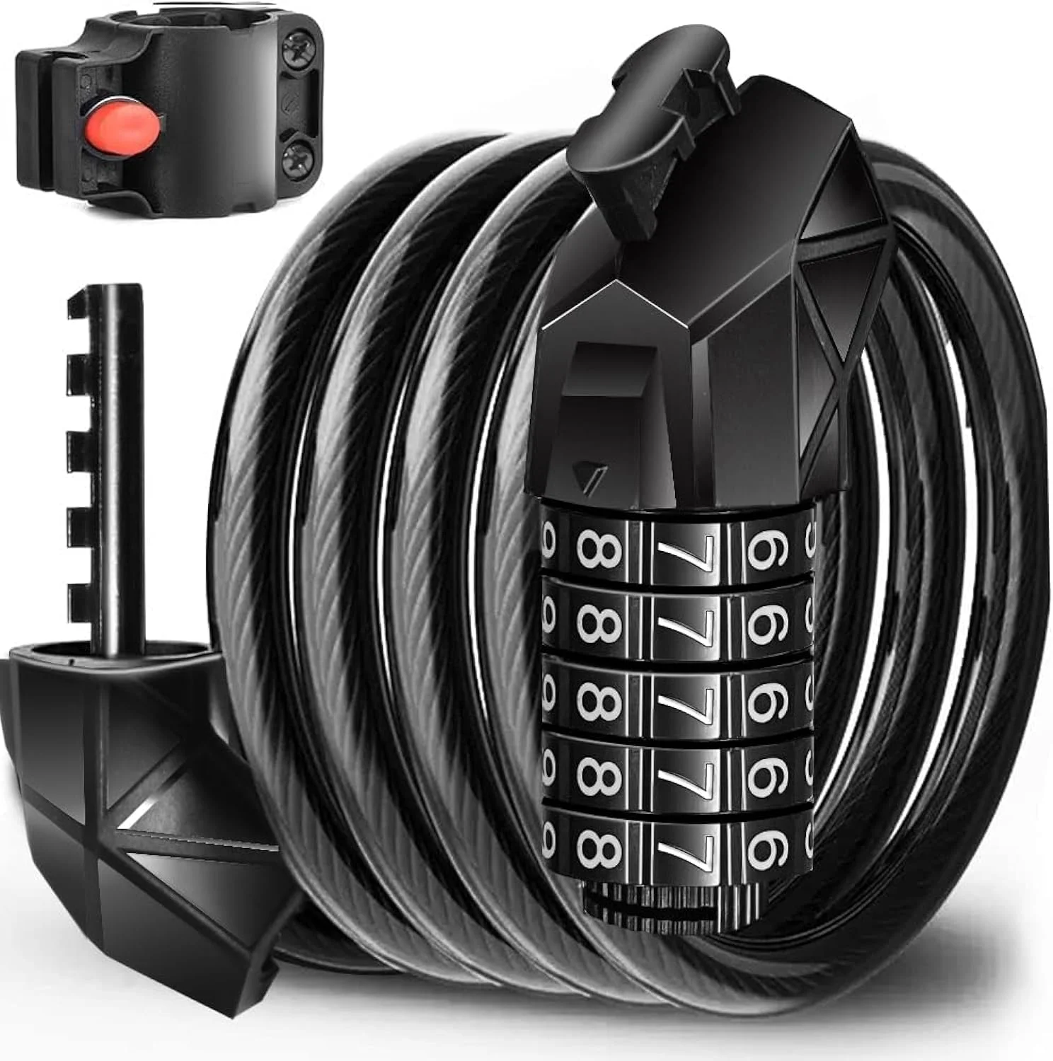 قفل دوچرخه، قفل ترکیبی 5 رقمی 120 سانتی‌متری/12 میلی‌متری با کابل ضخیم و مقاوم، امنیت بالا برای دوچرخه، موتورسیکلت، اسکوتر، درب و دروازه