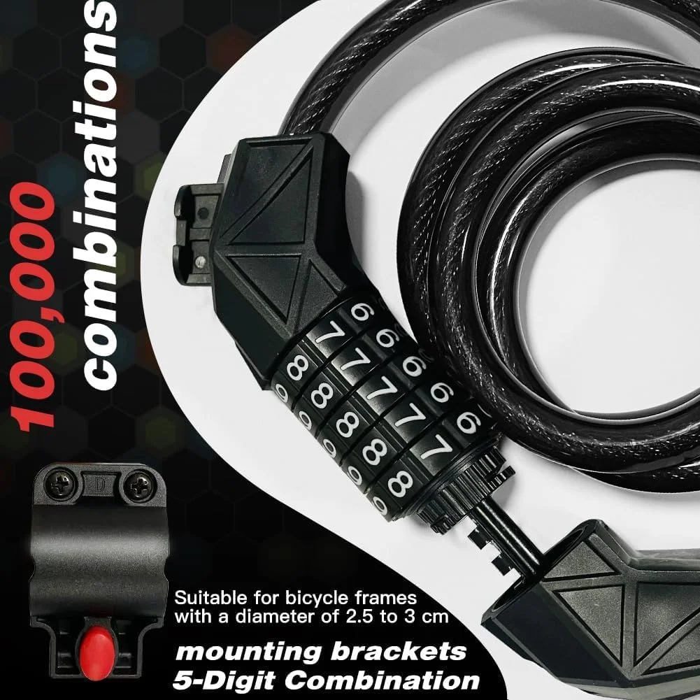 قفل دوچرخه، قفل ترکیبی 5 رقمی 120 سانتیمتری/12 میلیمتری با کابل ضخیم و مقاوم، امنیت بالا برای دوچرخه، موتورسیکلت، اسکوتر، درب و دروازه قفل دوچرخه، قفل ترکیبی 5 رقمی 120 سانتیمتری/12 میلیمتری با کابل ضخیم و مقاوم، امنیت بالا برای دوچرخه، موتورسیکلت، اسکوتر، درب و دروازه