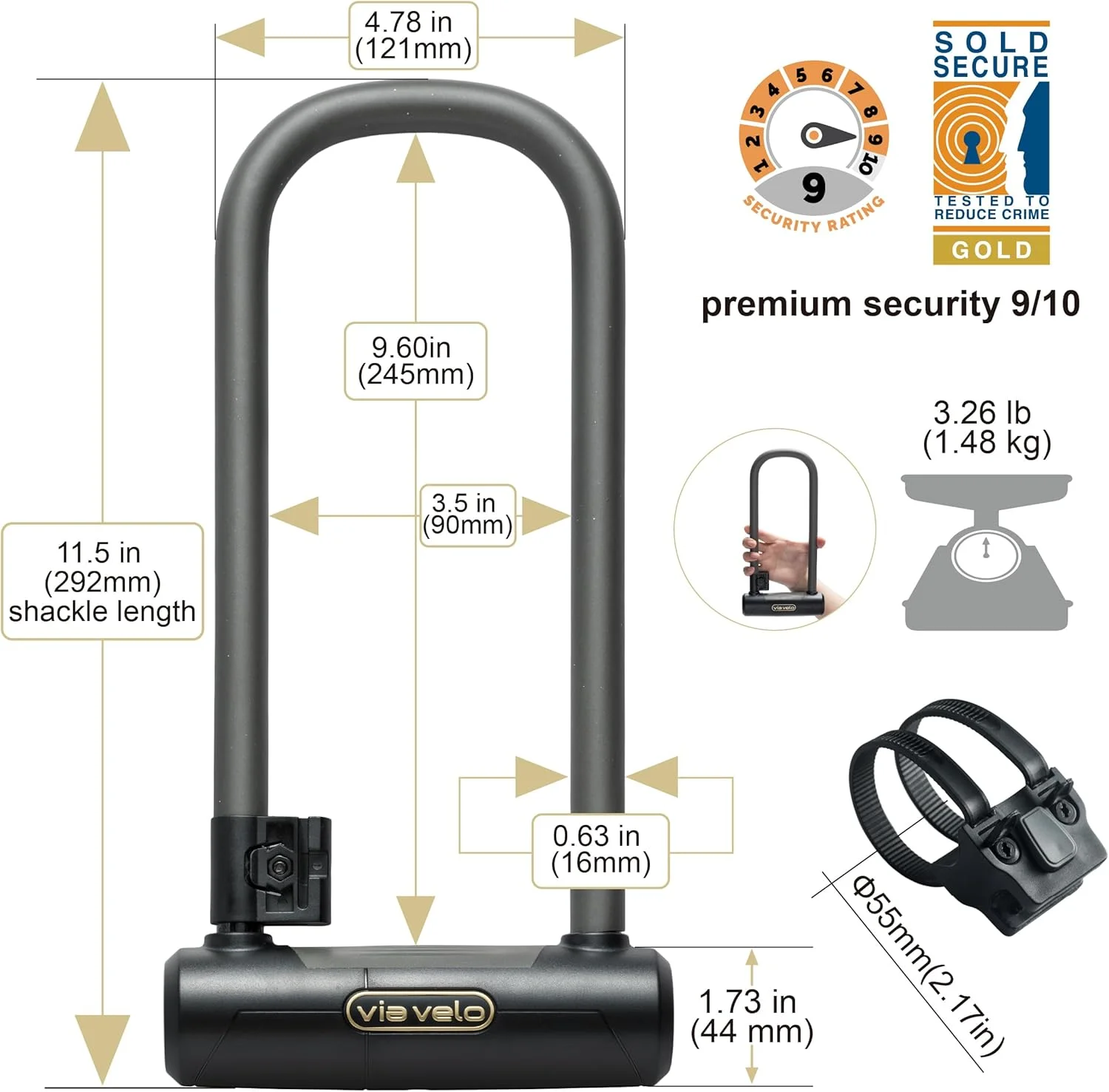 قفل U دوچرخه Via Velo بلندتر | قفل U حرفه ای با میله 16 میلی متری فولادی 20CrMnTi ضد سرقت به همراه براکت و تاییدیه امن طلایی برای دوچرخه های جاده ای، کوهستانی، برقی، تاشو و اسکوترهای برقی