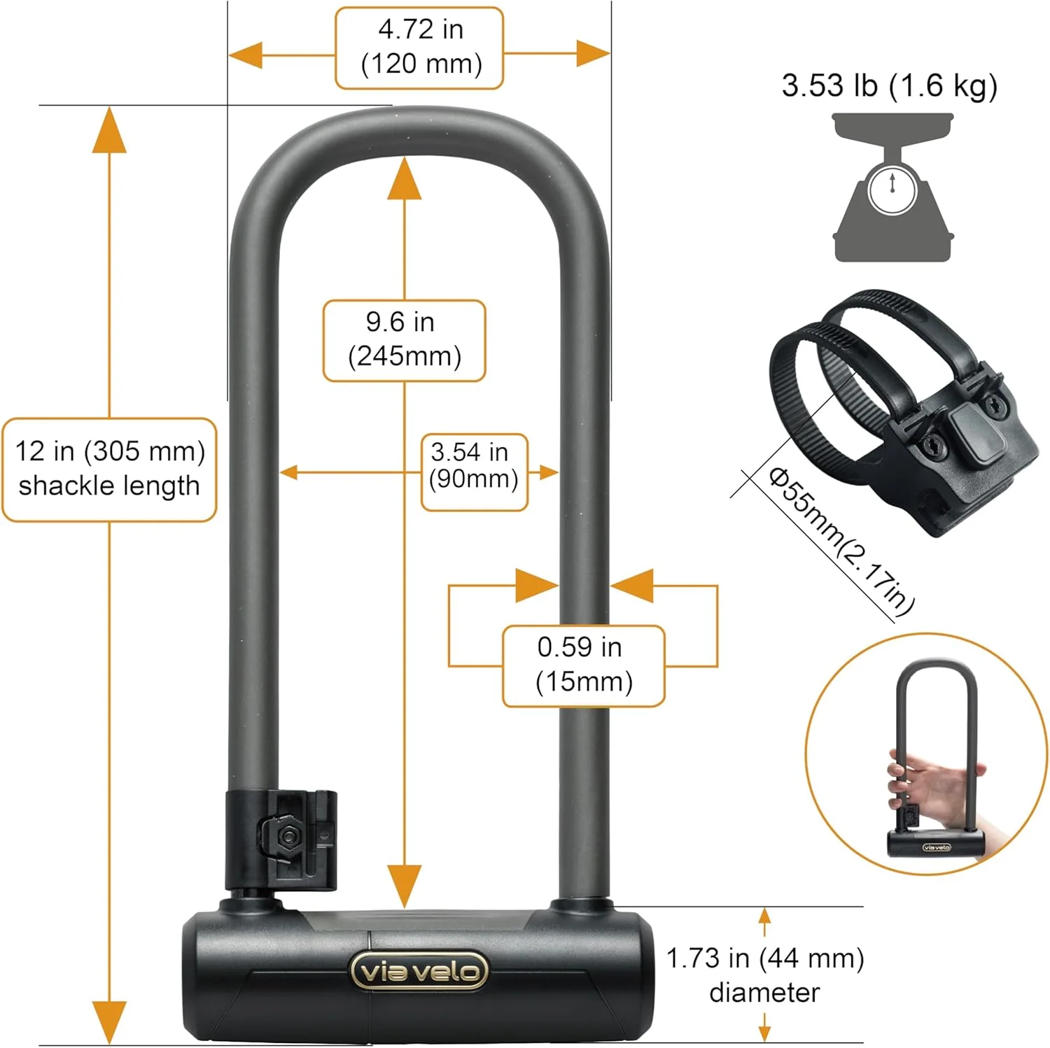قفل U وی آ ولو با میله فولادی ضد سرقت 16 میلی‌متری 20CrMnTi به همراه بست و قفل زنجیری دوچرخه، زنجیر مربعی 4 طرفه 7 میلی‌متری، طول 90 سانتی‌متر، سیستم کلید یکسان، 6 کلید مشابه