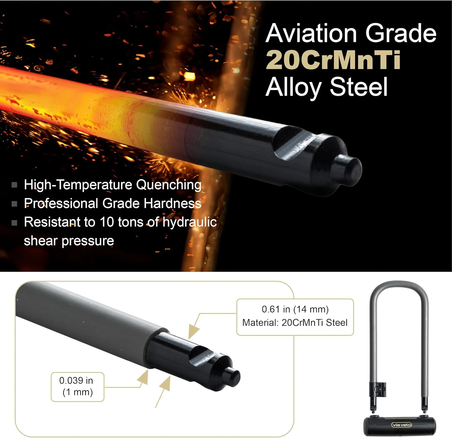 قفل U دوچرخه Via Velo بلندتر | قفل U حرفه ای با میله 16 میلی متری فولادی 20CrMnTi ضد سرقت به همراه براکت و تاییدیه امن طلایی برای دوچرخه های جاده ای، کوهستانی، برقی، تاشو و اسکوترهای برقی