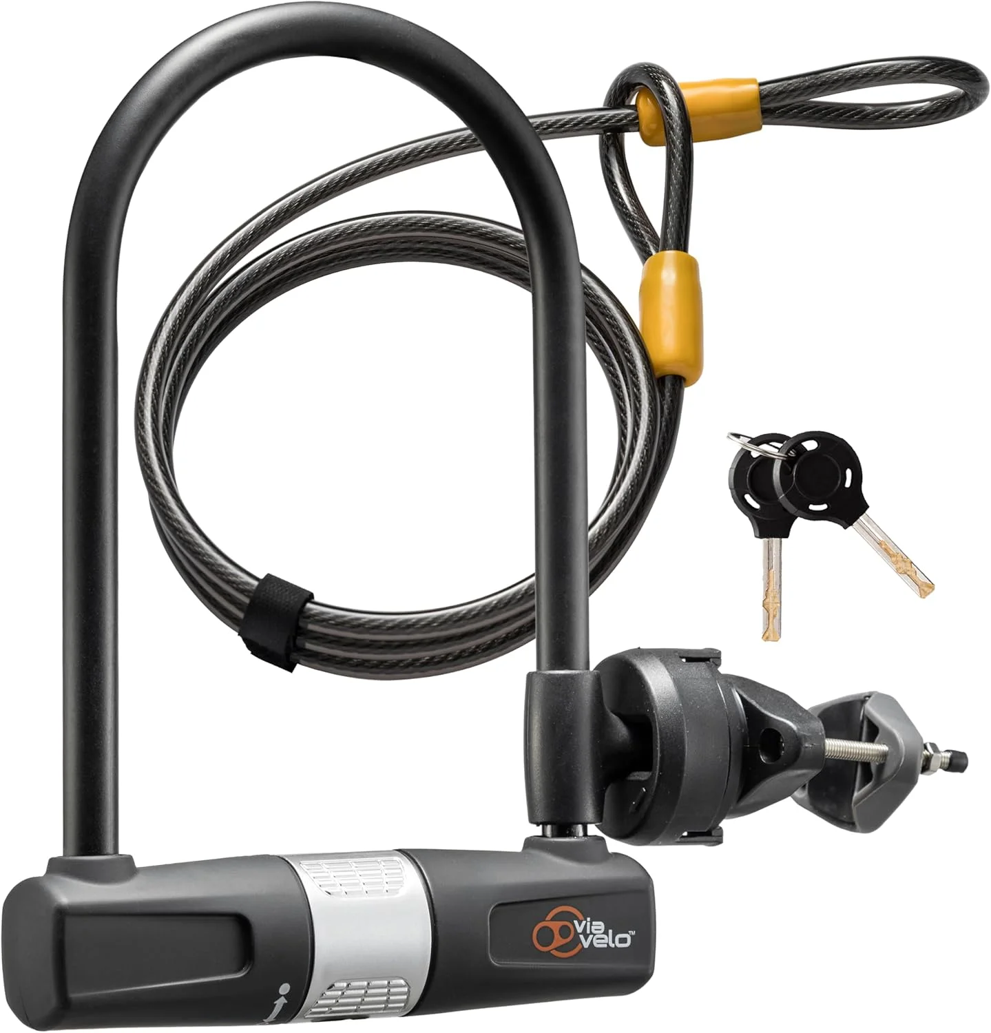 قفل U دوچرخه با کابل، قفل U دوچرخه سنگین Via Velo، زنجیر 15 میلی‌متری و کابل 10 میلی‌متری در 1.8 متری با براکت نصب برای دوچرخه جاده، دوچرخه کوهستان، دوچرخه برقی، دوچرخه تاشو، ابزار ایمنی عالی دوچرخه
