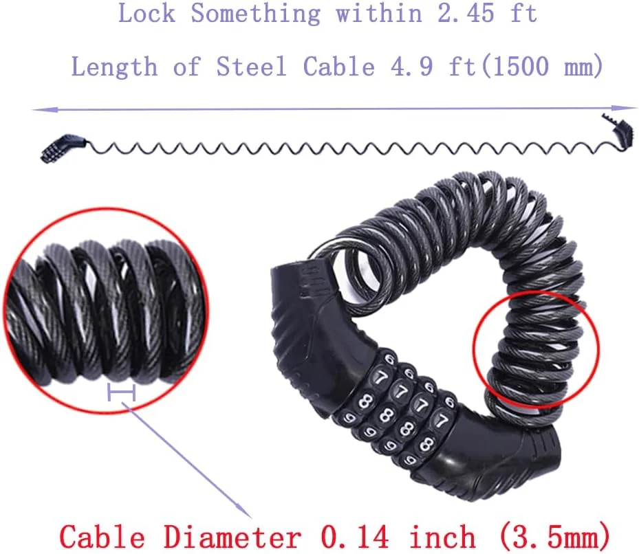 قفل کابلی دوچرخه UiiziC، قفل مسافرتی قابل حمل 1.5 متری، قفل مینی دوچرخه ضد سرقت امنیتی 4 رقمی جمع شونده ترکیبی کابلی قفل کلاه ایمنی برای کالسکه بچه، چمدان (بسته 1 عددی 4 رقمی جدید 1.5 متری)