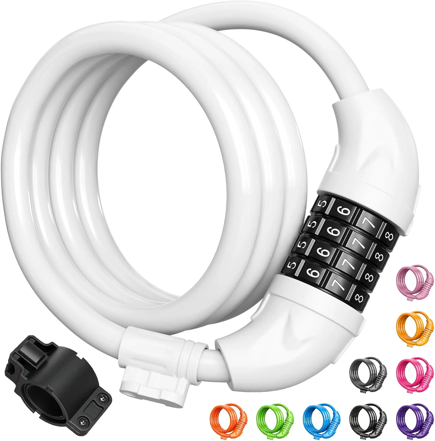 قفل دوچرخه تیتانکر، قفل کابلی دوچرخه با رمز قابل تنظیم مجدد، طول 1.2 متر با بست نصب، قطر 1.2 سانتیمتر - سفید