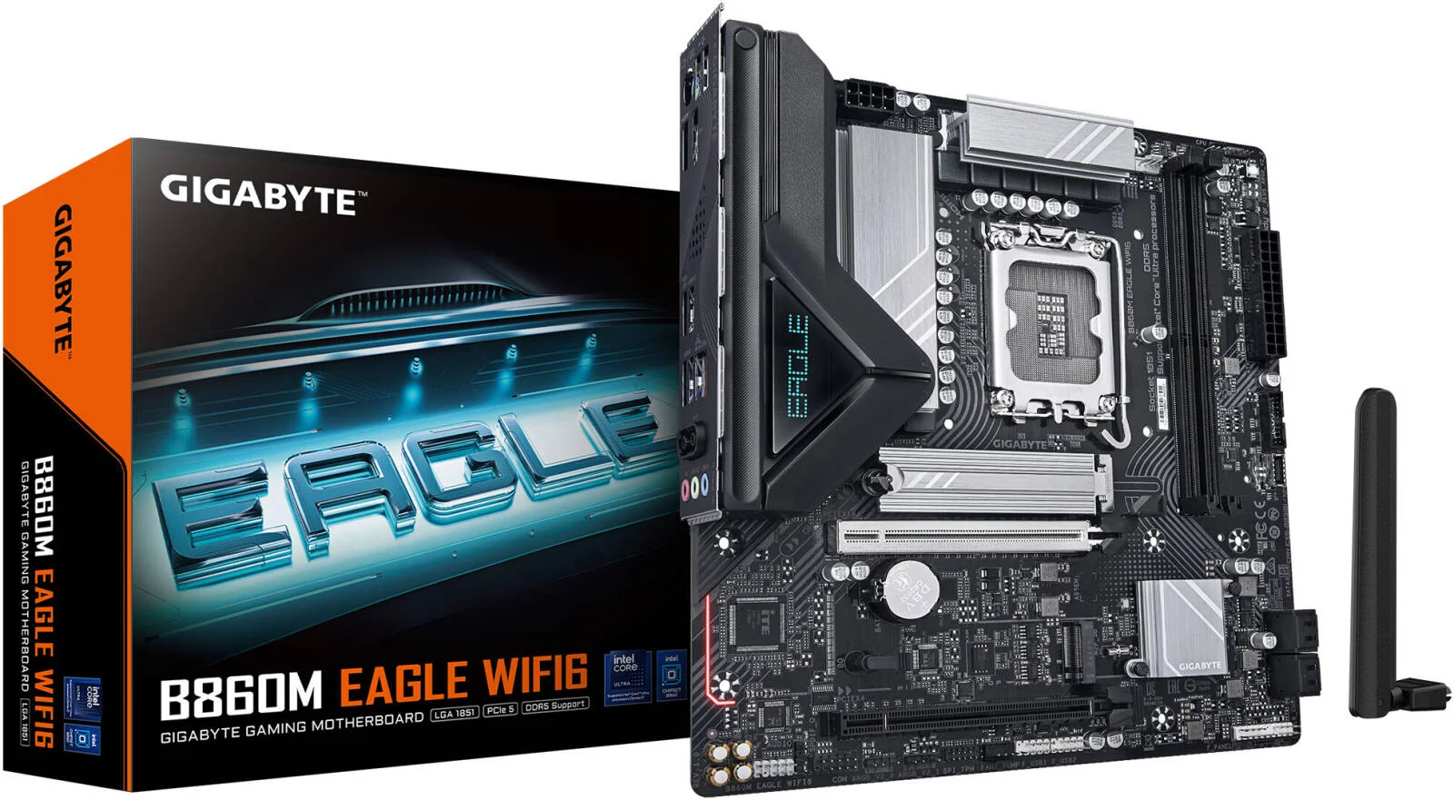 مادربرد GIGABYTE B860M Eagle LGA 1851 Micro ATX، چیپست Intel B860، دو اسلات DDR5 DIMM، حداکثر حافظه 128 گیگابایت، یک اسلات PCIe 5.0 x16، دو اسلات M.2، اتصال WiFi و BT | B860M-EAGLE-WIFI6