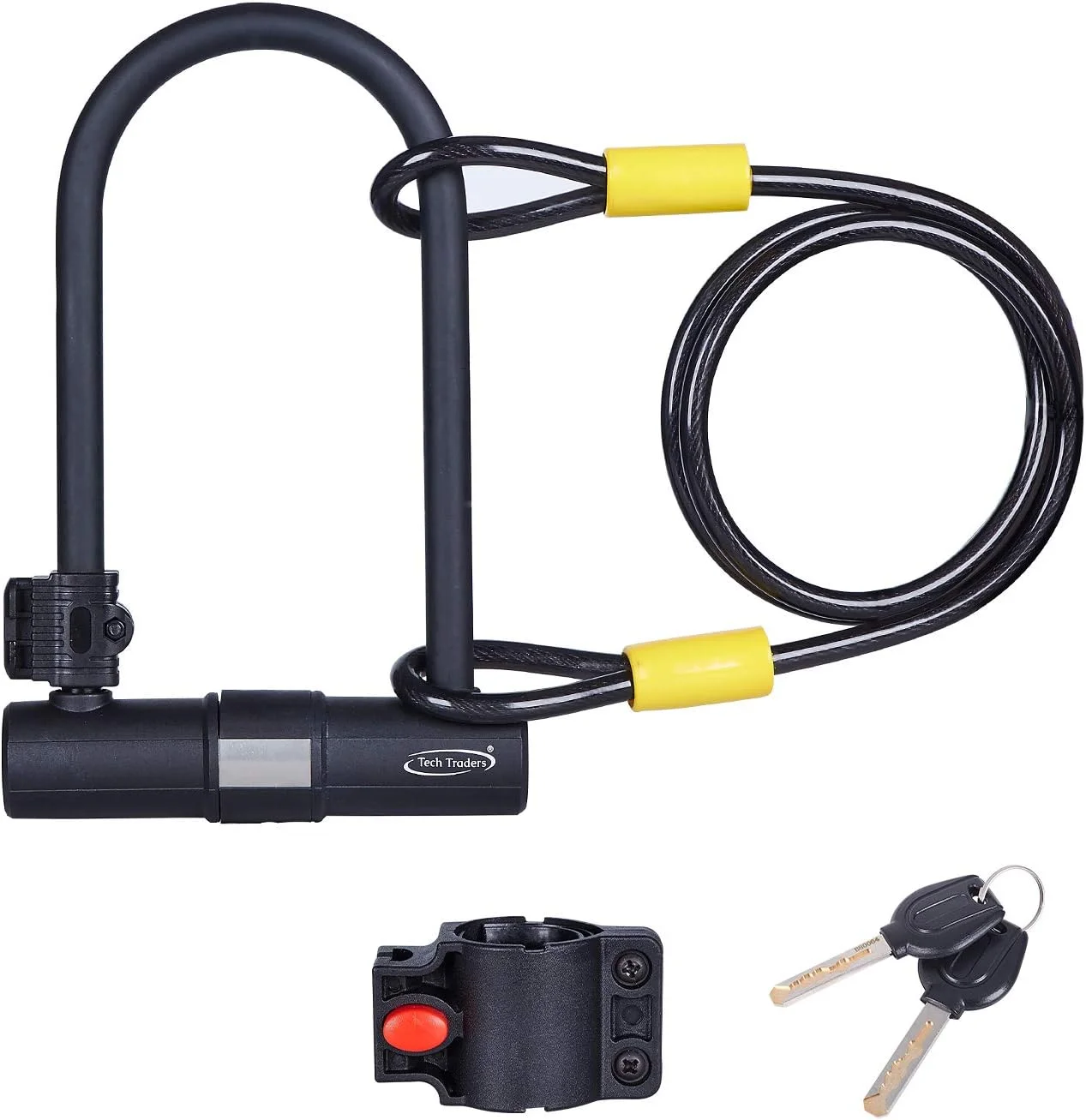 قفل U دوچرخه با کابل حلقه دوبل، قفل U دوچرخه سنگین، میله 15 میلی‌متری و کابل 10 میلی‌متری در 1.35 متری با براکت نصب برای انواع دوچرخه - 2 کلید