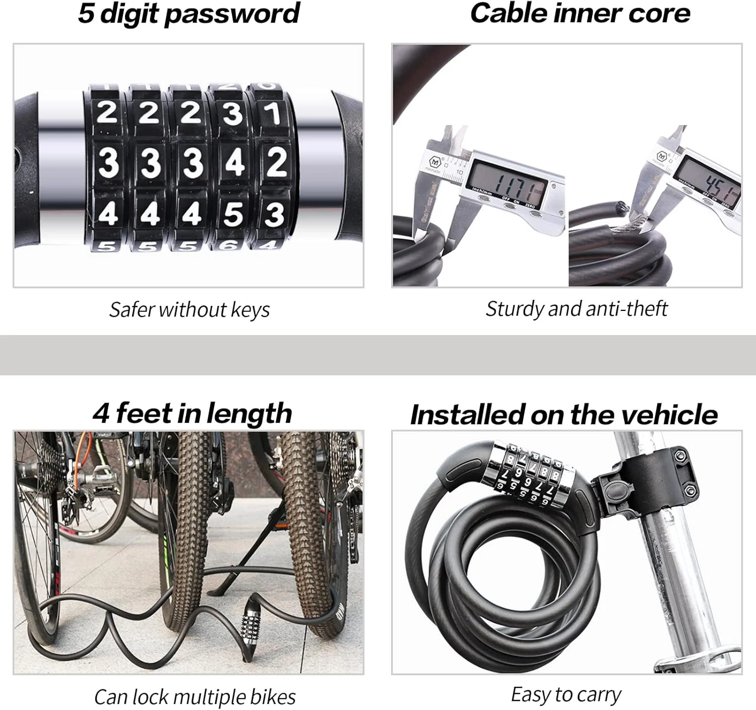 قفل دوچرخه، قفل کابلی دوچرخه 4 فوت با امنیت بالا، قفل کابلی ترکیبی قابل تنظیم مجدد با بست نصب، قطر 1/2 اینچ