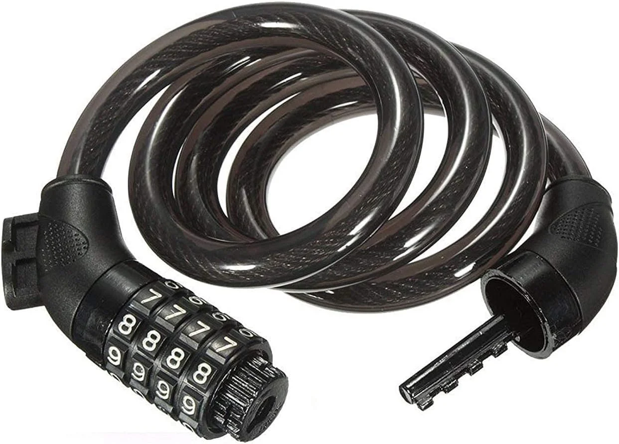 قفل کابلی شرنیک با رمز 4 رقمی قابل تنظیم مجدد، قفل مارپیچی شماره ای برای دوچرخه، کلاه ایمنی، طول 4 فوت، مشکی