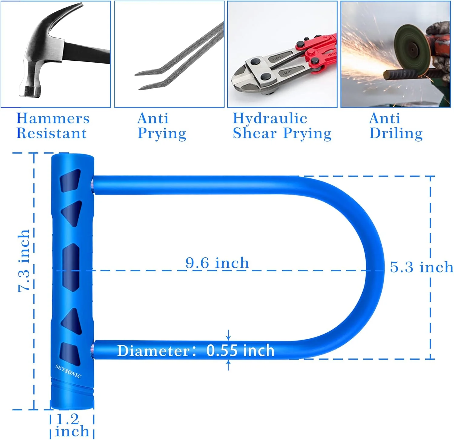 قفل دوچرخه اسکایسونیک، قفل U شکل سنگین با کابل، میله 14 میلی‌متری و کابل 12 میلی‌متری در 1.5 متری به همراه براکت نصب محکم برای دوچرخه کوهستان، دوچرخه تاشو و دوچرخه جاده (آبی نفتی)