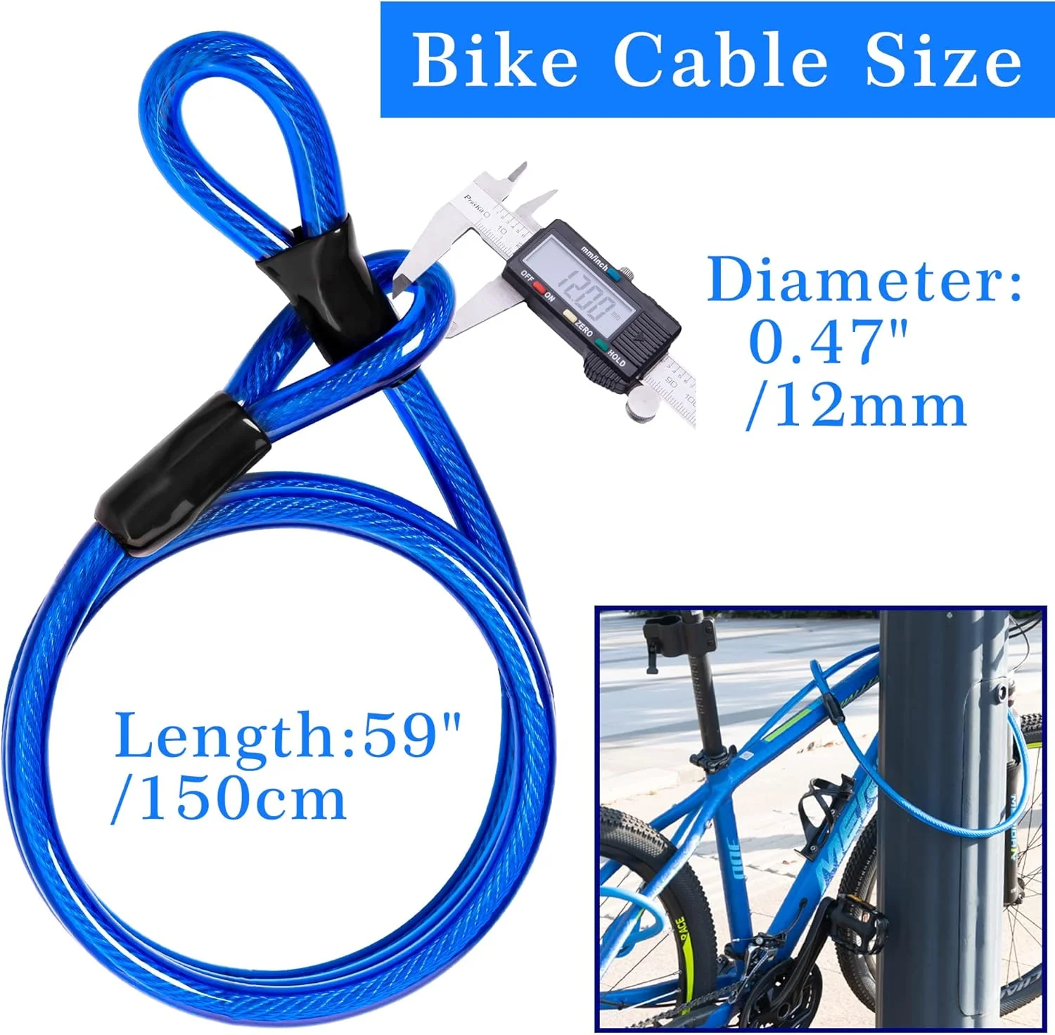 قفل دوچرخه اسکایسونیک، قفل U شکل سنگین با کابل، میله 14 میلی‌متری و کابل 12 میلی‌متری در 1.5 متری به همراه براکت نصب محکم برای دوچرخه کوهستان، دوچرخه تاشو و دوچرخه جاده (آبی نفتی)