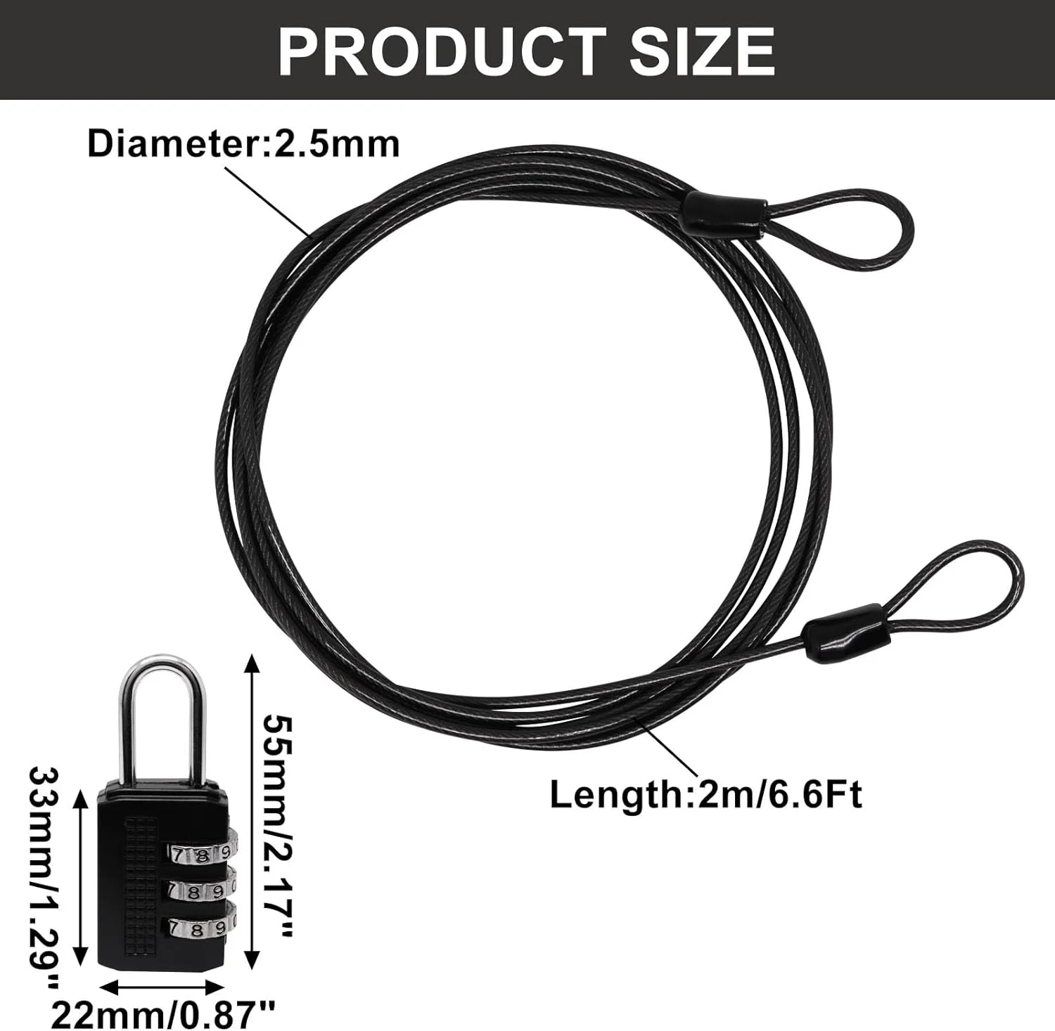 قفل کابلی SYDIEN با دو حلقه، طول 2 متر، کابل امنیتی مشکی با قفل، کابل های فولادی بافته شده 2.5 میلی متری روکش دار برای چمدان، فضای باز، بند رخت (2 عدد) قفل کابلی SYDIEN با دو حلقه، طول 2 متر، کابل امنیتی مشکی با قفل، کابل های فولادی بافته شده 2.5 میلی متری روکش دار برای چمدان، فضای باز، بند رخت (2 عدد)