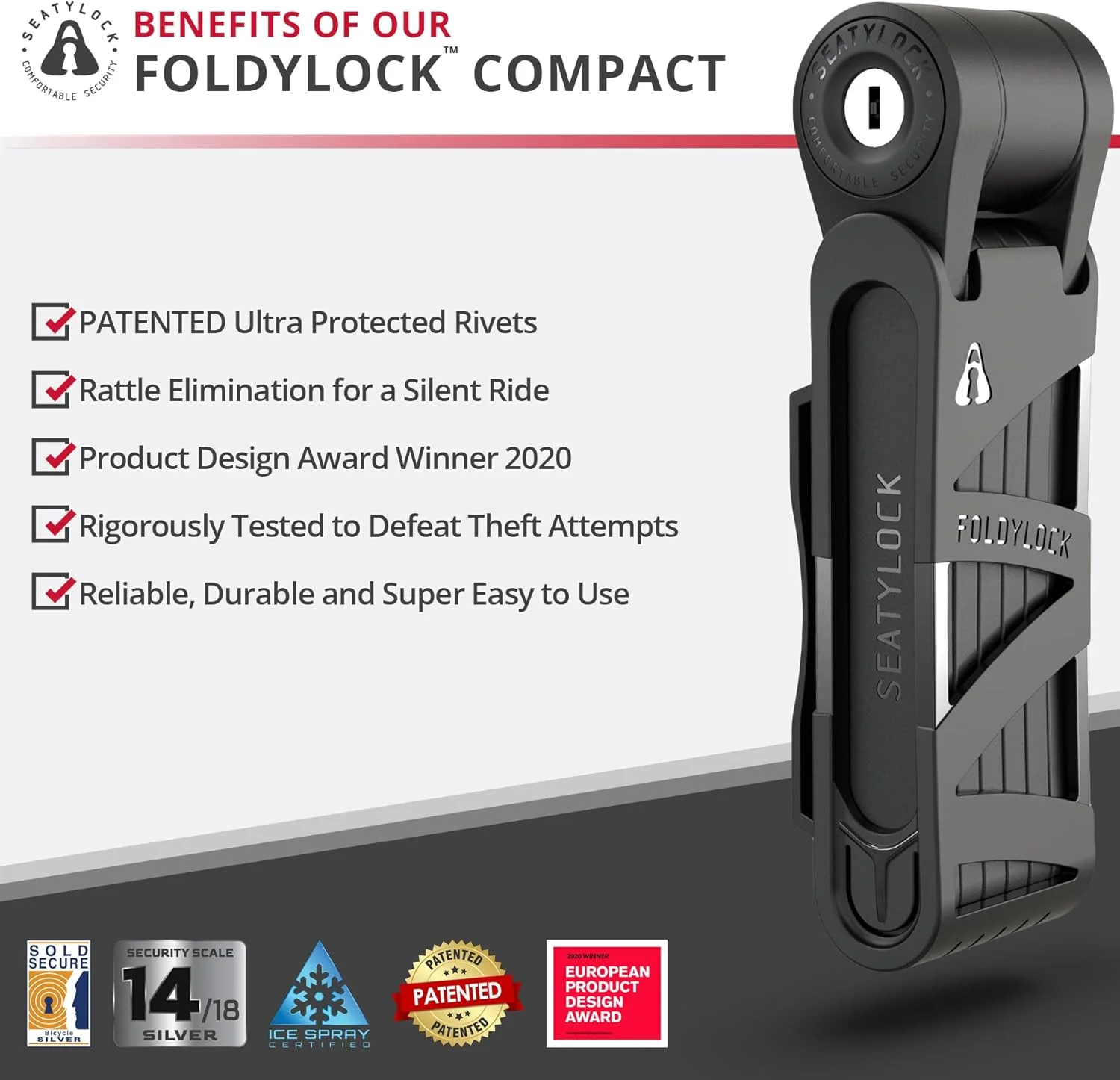قفل تاشو دوچرخه Seatylock FoldyLock Compact - قفل دوچرخه ضد برش با امنیت بالا و دارای ثبت اختراع - محافظ هوشمند ضد سرقت سنگین با کلید و کیف برای دوچرخه یا اسکوتر - 85 سانتی متر