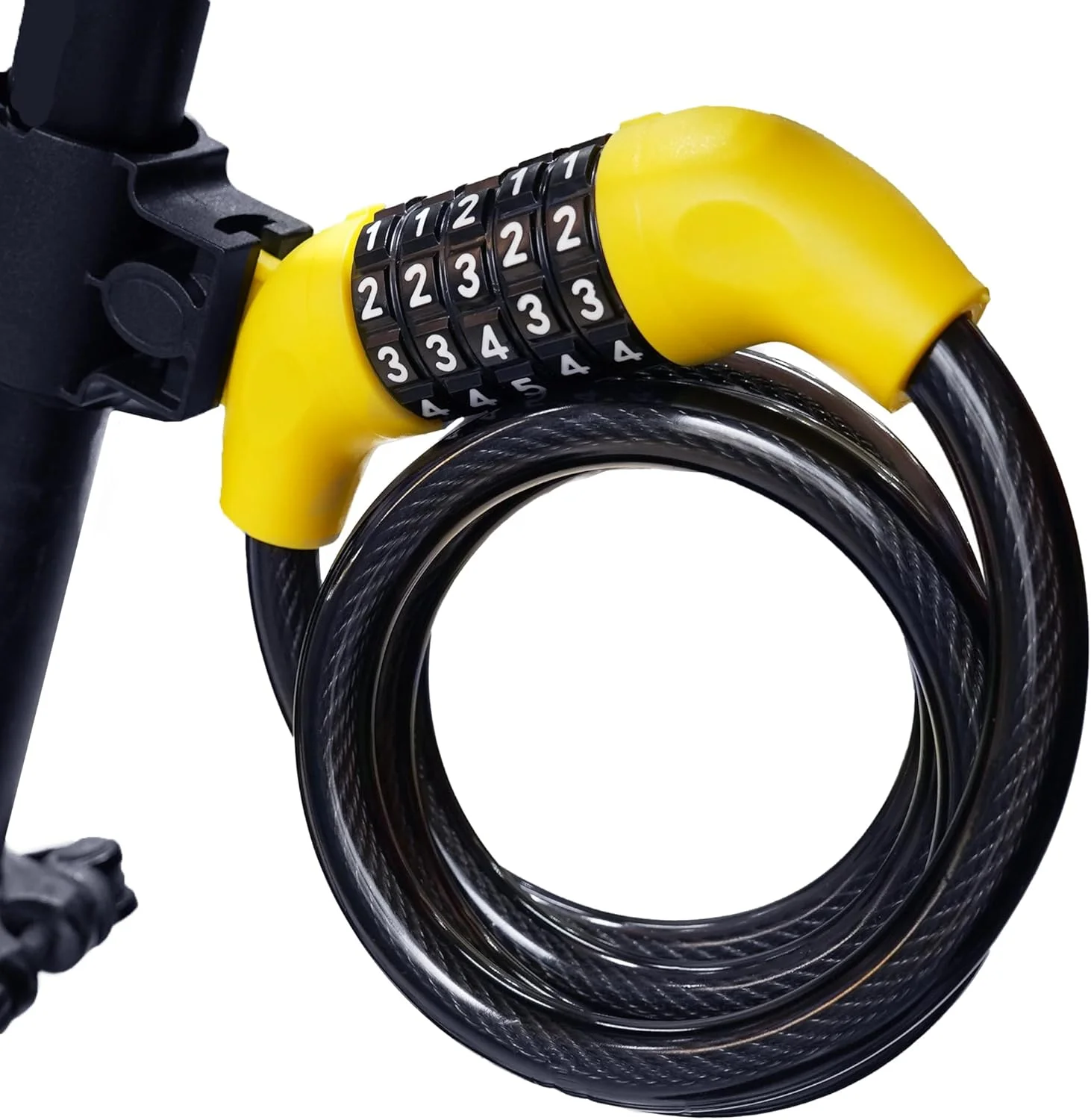 قفل کابلی دوچرخه، قفل دوچرخه با رمز 4 رقمی همراه با براکت نصب، قفل ضد سرقت دوچرخه، کد قابل تنظیم، کابل فولادی سنگین، مقاوم در برابر آب و هوا