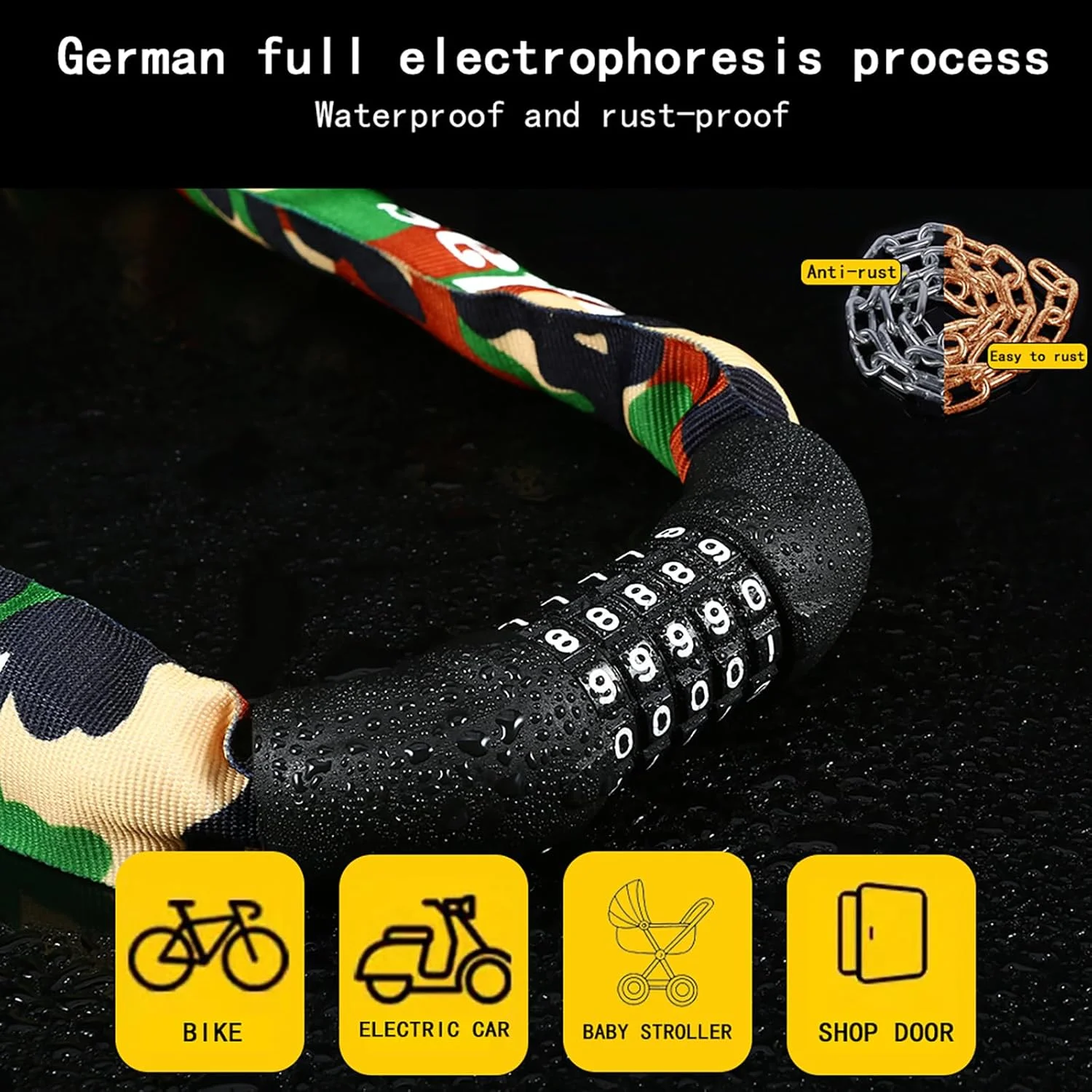 قفل دوچرخه برند آلمانی: قفل زنجیری 5 رقمی ضد سرقت با امنیت بالا - قفل دوچرخه بدون کلید 96 سانتیمتری مقاوم برای دوچرخه، موتورسیکلت (رنگ استتار، طول 96 سانتیمتر، ضخامت 6 میلیمتر) قفل دوچرخه برند آلمانی: قفل زنجیری 5 رقمی ضد سرقت با امنیت بالا - قفل دوچرخه بدون کلید 96 سانتیمتری مقاوم برای دوچرخه، موتورسیکلت (رنگ استتار، طول 96 سانتیمتر، ضخامت 6 میلیمتر)