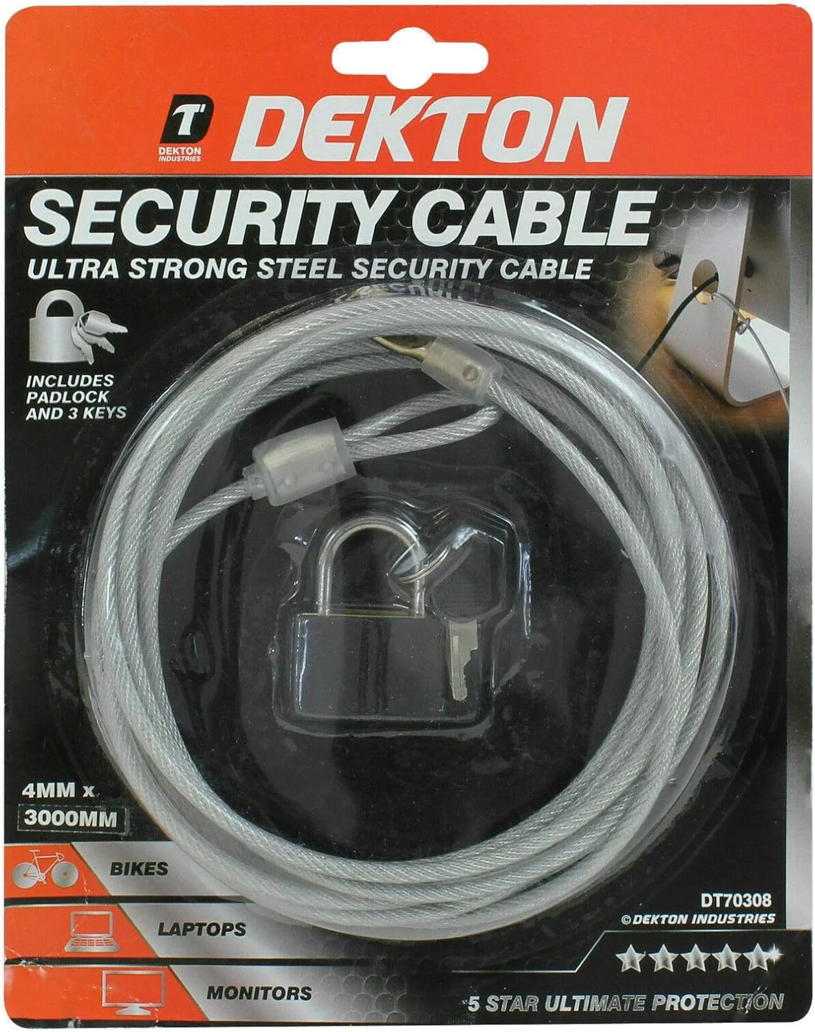 کابل فولادی بلند 3 متری با روکش وینیل و قفل برای دوچرخه/خودرو/تریلر/قفل ایمن کابل فولادی بلند 3 متری با روکش وینیل و قفل برای دوچرخه/خودرو/تریلر/قفل ایمن