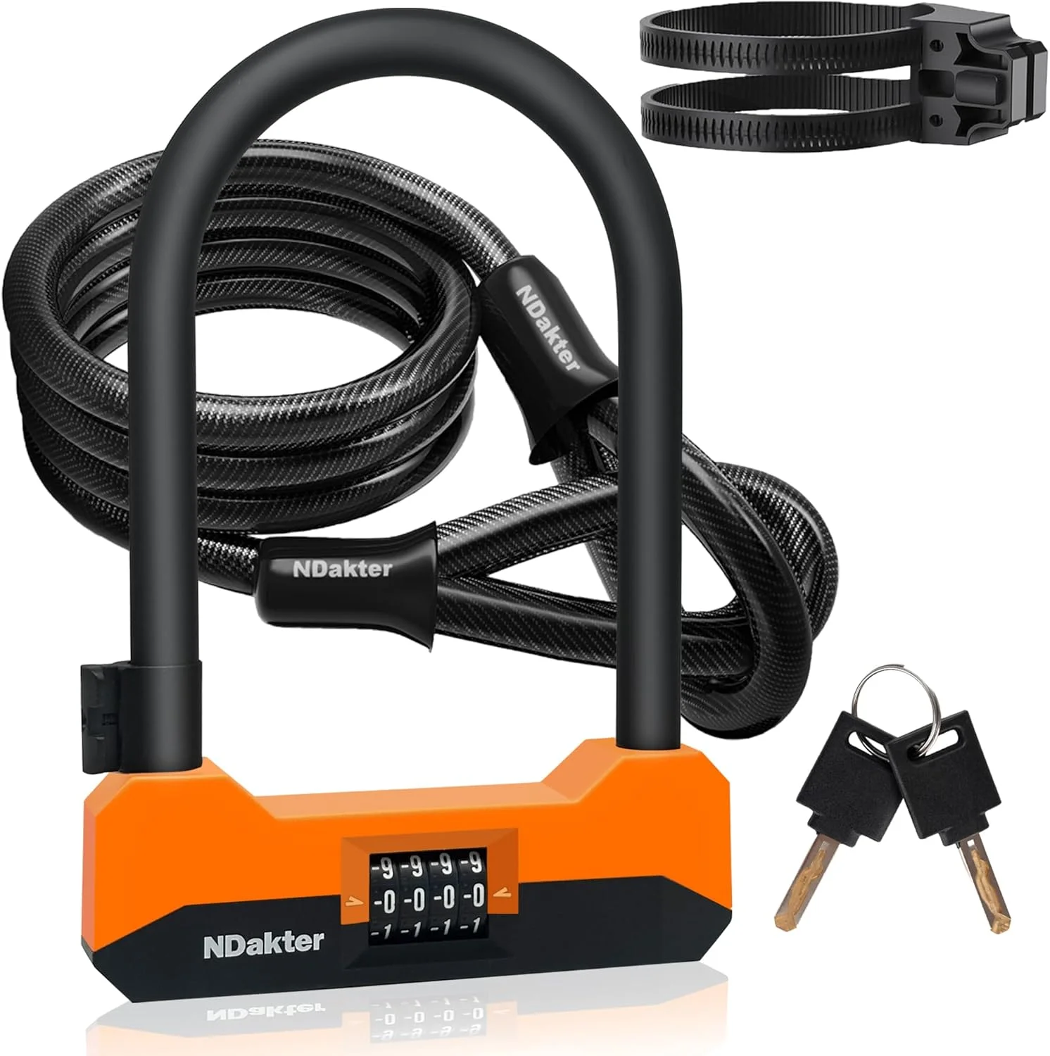 قفل دوچرخه سنگین ضد سرقت NDakter، قفل U ترکیبی دوچرخه 18 میلی متری با کابل 1.5 متری، قفل اسکوتر برقی ترکیبی 4 رقمی قابل تنظیم مجدد با 2 کلید و براکت برای سه چرخه، موتور سیکلت (نارنجی)