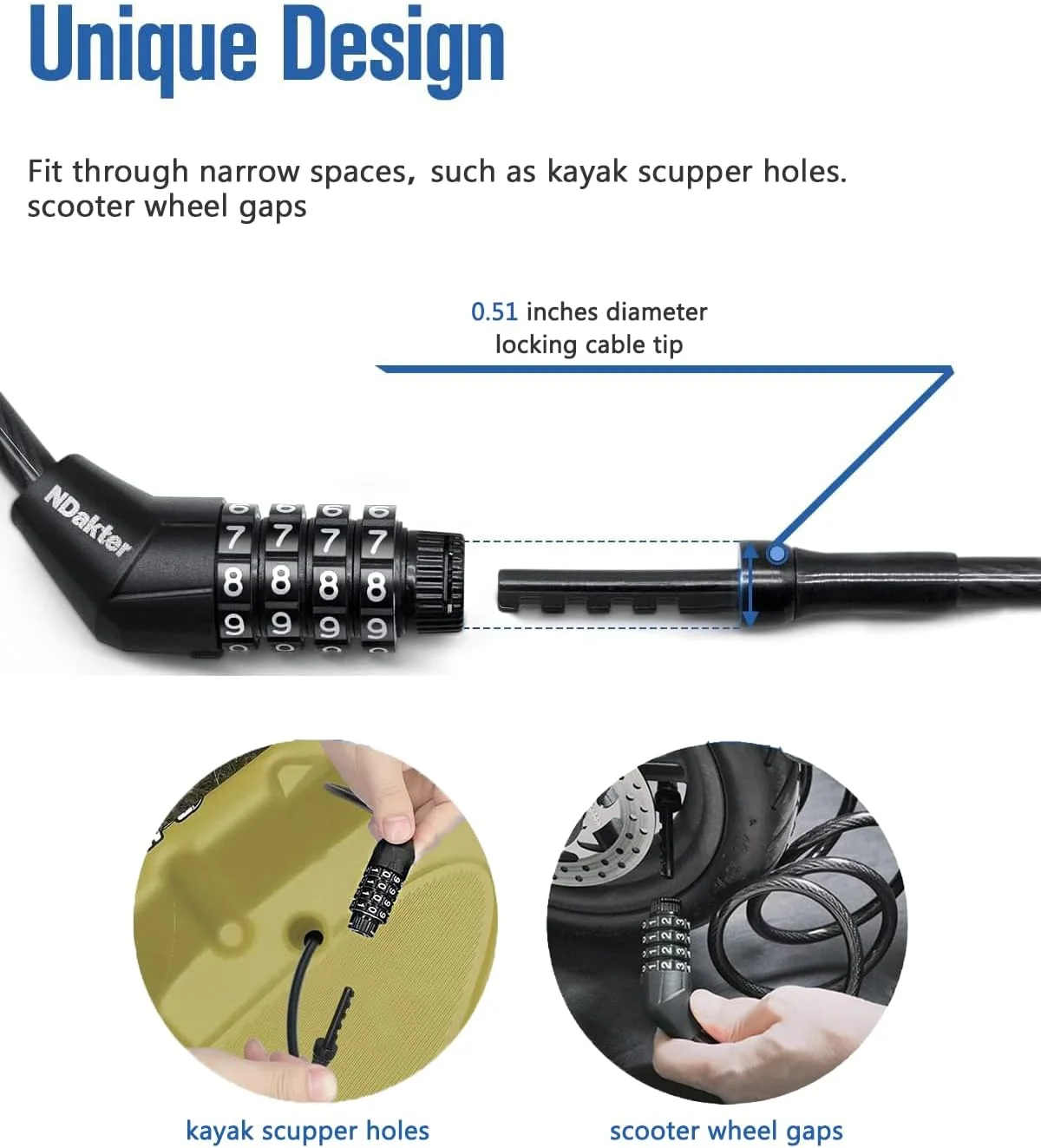 قفل کابلی دوچرخه NDakter، قفل کابلی مستقیم فوق العاده بلند (1.8 متر تا 8.2 متر) با رمز قابل تنظیم، طراحی باریک منحصر به فرد مردانه که به ویژه برای کایاک، اسکوتر، تخته های پارویی، قایق رانی و جت اسکی مناسب است. قفل کابلی دوچرخه NDakter، قفل کابلی مستقیم فوق العاده بلند (1.8 متر تا 8.2 متر) با رمز قابل تنظیم، طراحی باریک منحصر به فرد مردانه که به ویژه برای کایاک، اسکوتر، تخته های پارویی، قایق رانی و جت اسکی مناسب است.