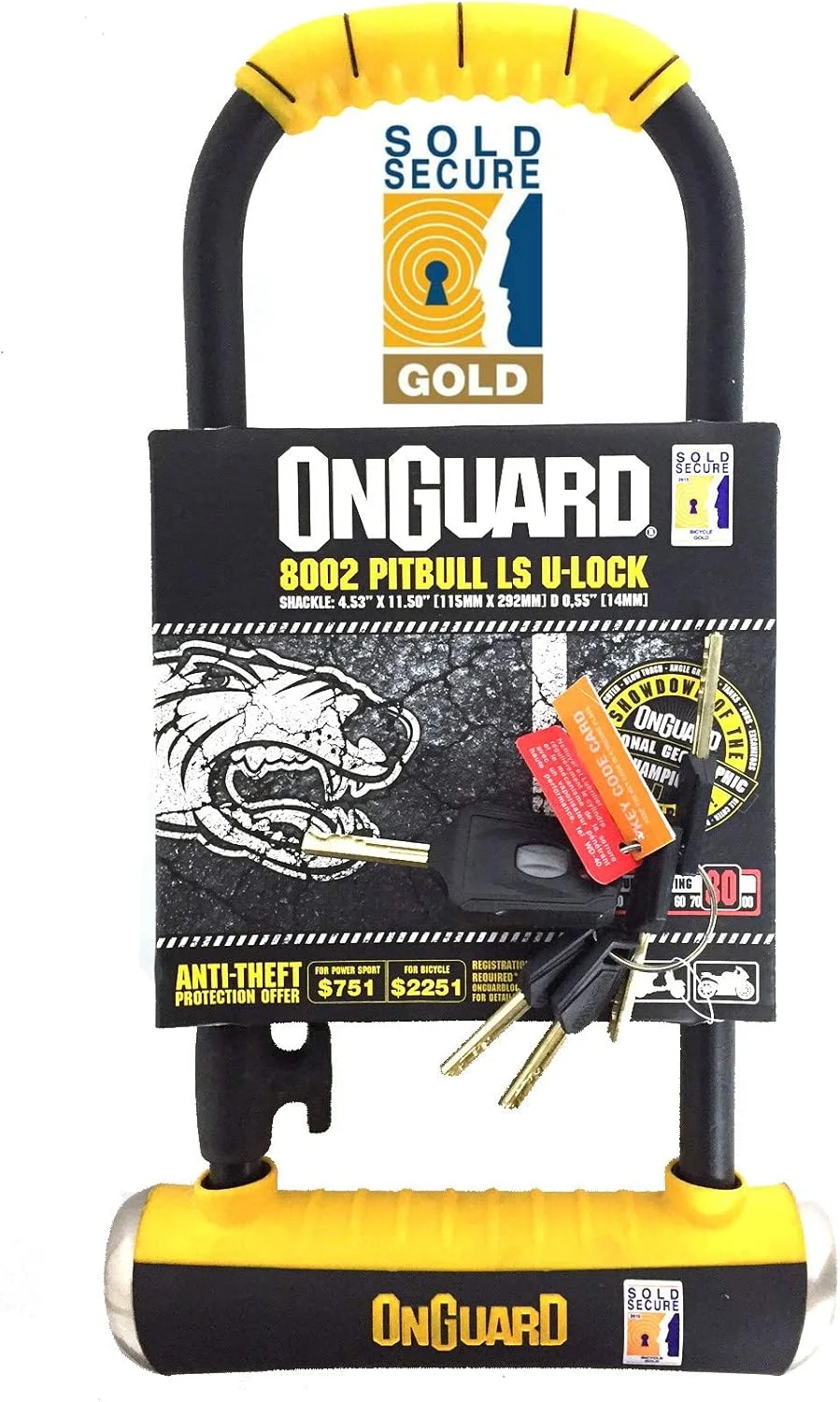 قفل U-شکل دوچرخه با میله بلند OnGuard Pitbull LS 8002 (دارای گواهینامه Sold Secure Gold)، قفل و کلید