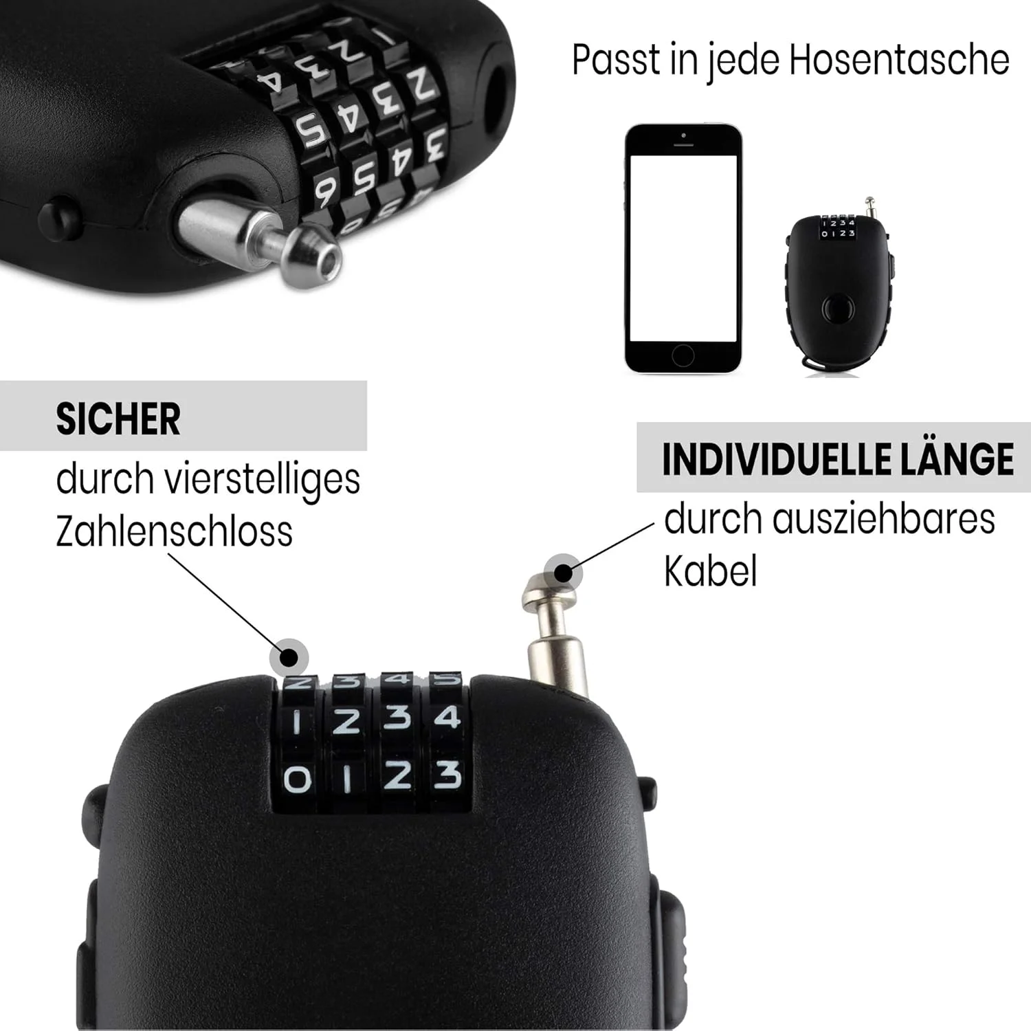 قفل ترکیبی دیجیتال ممتاز MTRUE SAFELOCKS - با کابل 90 سانتی متری - کد شخصی - فوق العاده سبک و جمع و جور - ایده آل برای محافظت از دوچرخه، کالسکه، چمدان و غیره - مشکی قفل ترکیبی دیجیتال ممتاز MTRUE SAFELOCKS - با کابل 90 سانتی متری - کد شخصی - فوق العاده سبک و جمع و جور - ایده آل برای محافظت از دوچرخه، کالسکه، چمدان و غیره - مشکی