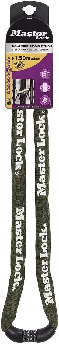 قفل زنجیری مستر لاک با ضخامت 8 میلی متر و طول 1000 میلی متر، دارای قفل ترکیبی 4 رقمی قابل تنظیم مجدد - خاکی