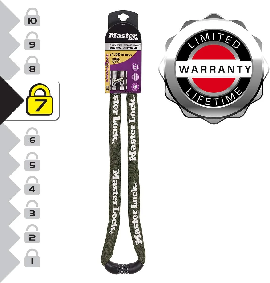 قفل زنجیری مستر لاک با ضخامت 8 میلی متر و طول 1000 میلی متر، دارای قفل ترکیبی 4 رقمی قابل تنظیم مجدد - خاکی قفل زنجیری مستر لاک با ضخامت 8 میلی متر و طول 1000 میلی متر، دارای قفل ترکیبی 4 رقمی قابل تنظیم مجدد - خاکی